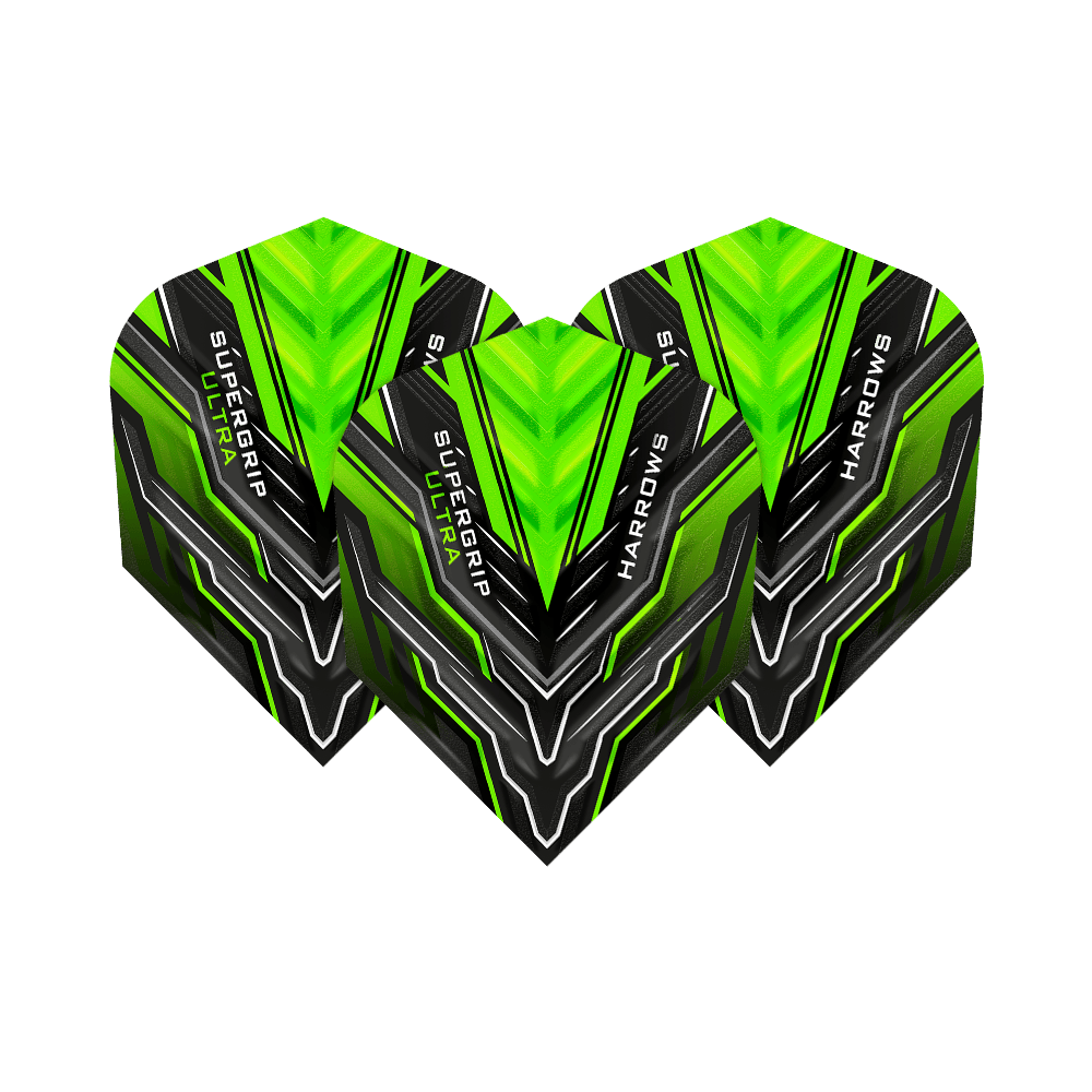 HR11_Harrows_Supergrip_Ultra_Green_Standard_Flights_1FVdoh6L0Plpu7 Das Bild zeigt drei grüne Dart-Flights der Marke Harrows mit dem Namen "Supergrip Ultra". Das Design ist modern und auffällig mit schwarzen und grünen Akzenten.