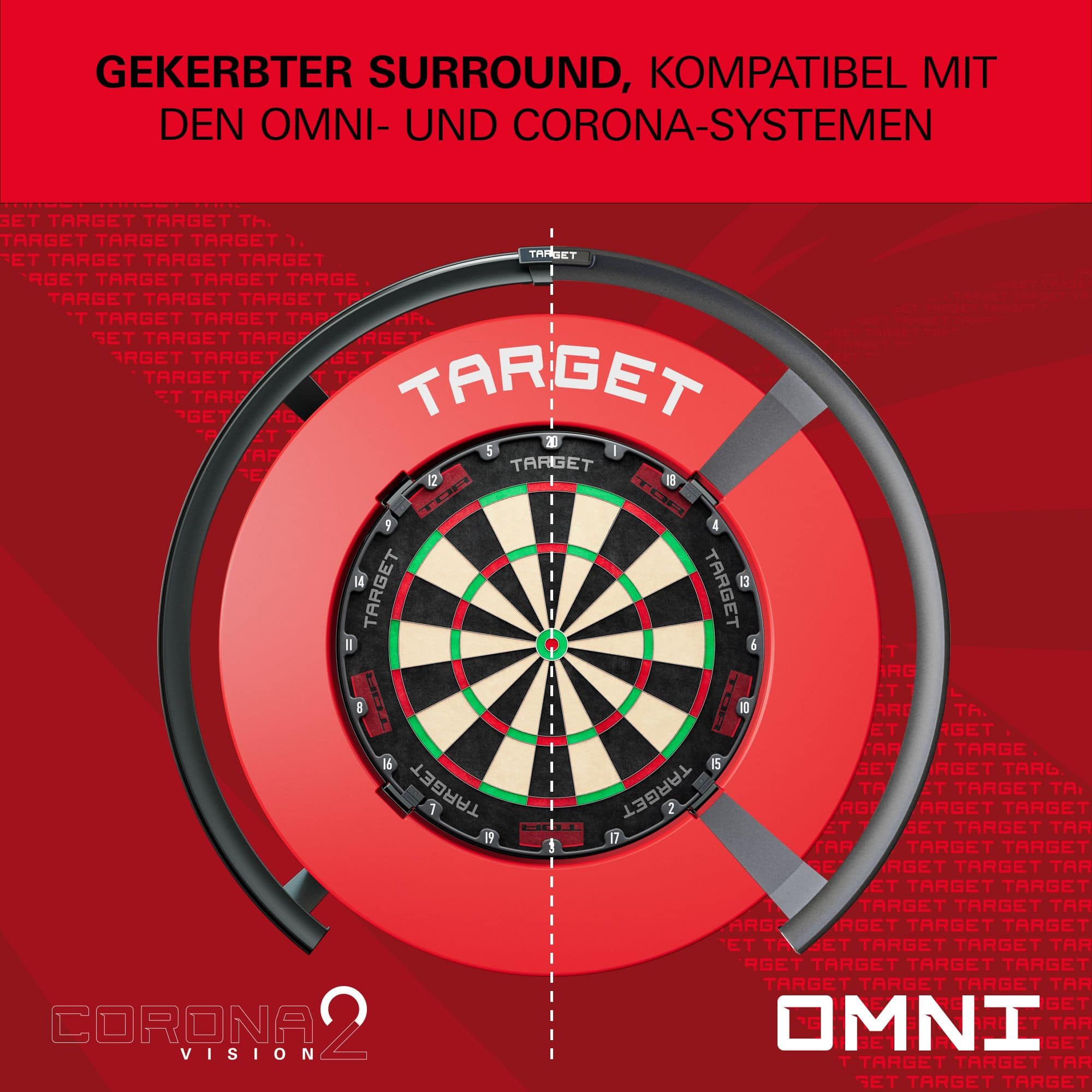 Target Notched Dartboard Surround Eine Nahaufnahme einer roten Dartboard-Umrandung wird präsentiert. Die Farbe ist kräftig.