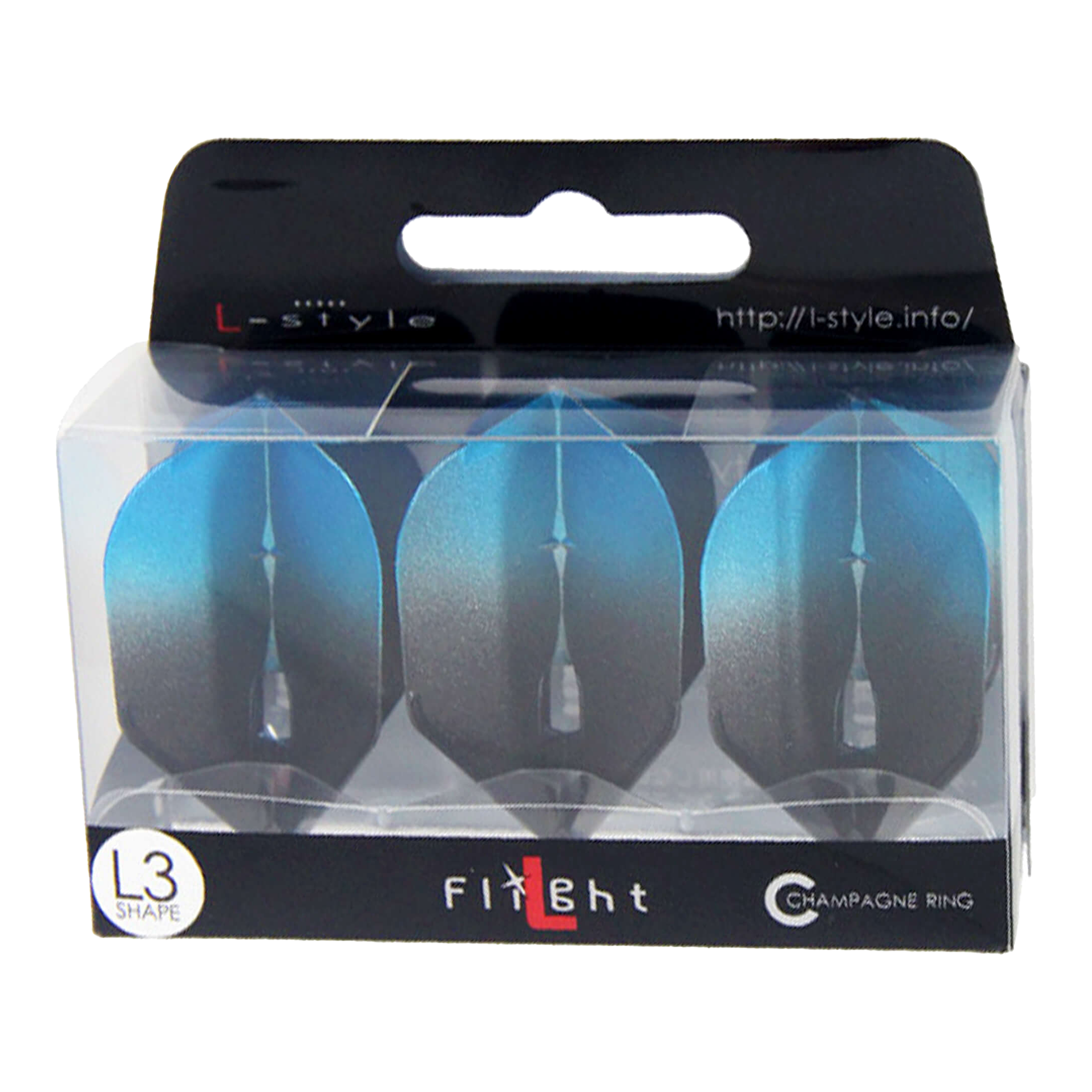 L-Style Two Tone L3PRO Flights Die Verpackung zeigt drei blaue Dartflights der Marke L-style. Auf der Schachtel steht "L3 Shape" und "Champagne Ring".