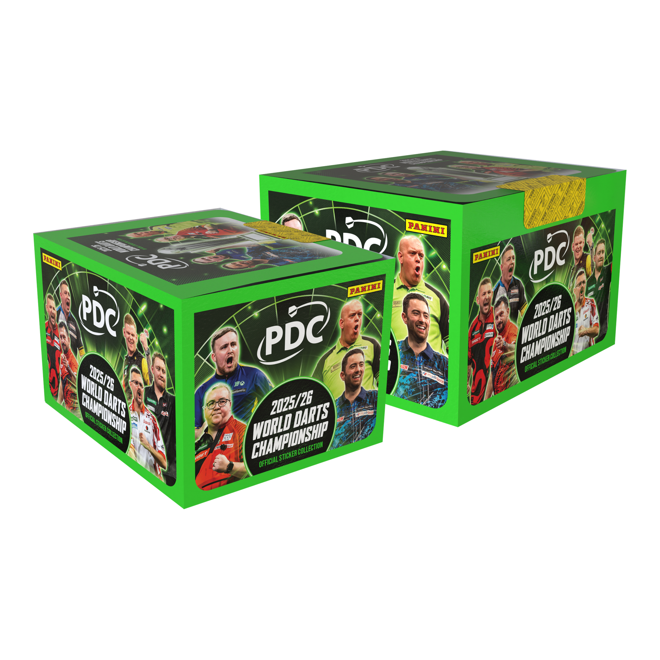 Panini PDC World Darts Championship 2025/26 - Hardcover Mega Bundle with two sticker boxes Das Bild stellt das Panini PDC World Darts Championship 2025/26 Hardcover Mega Bundle mit zwei Stickerboxen dar. Es bietet ein Hardcover-Sammelalbum und zwei Stickerboxen zum Sammeln.
