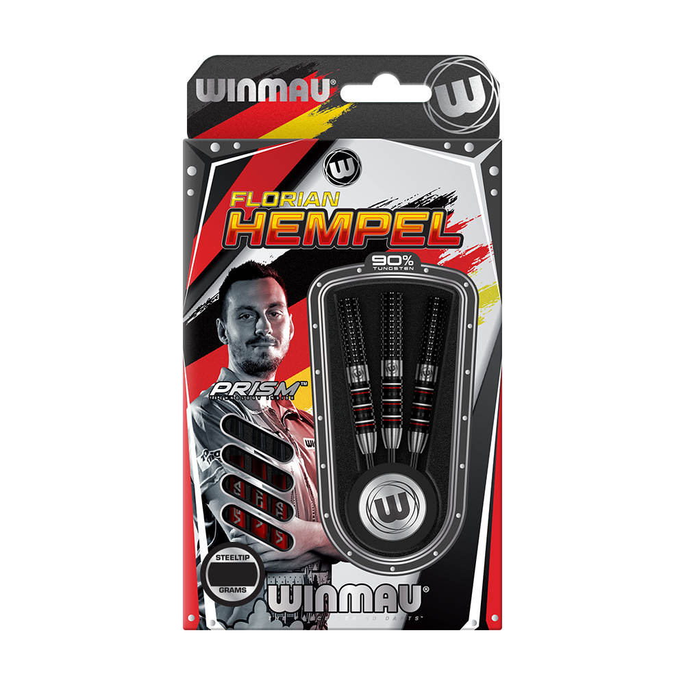 1491_Winmau_Florian_Hempel_Steeldarts_3 Auf dem Bild ist eine Verpackung der "Winmau Florian Hempel Steeldarts" zu sehen. Die Verpackung zeigt drei Steeldarts und ein Foto von Florian Hempel.