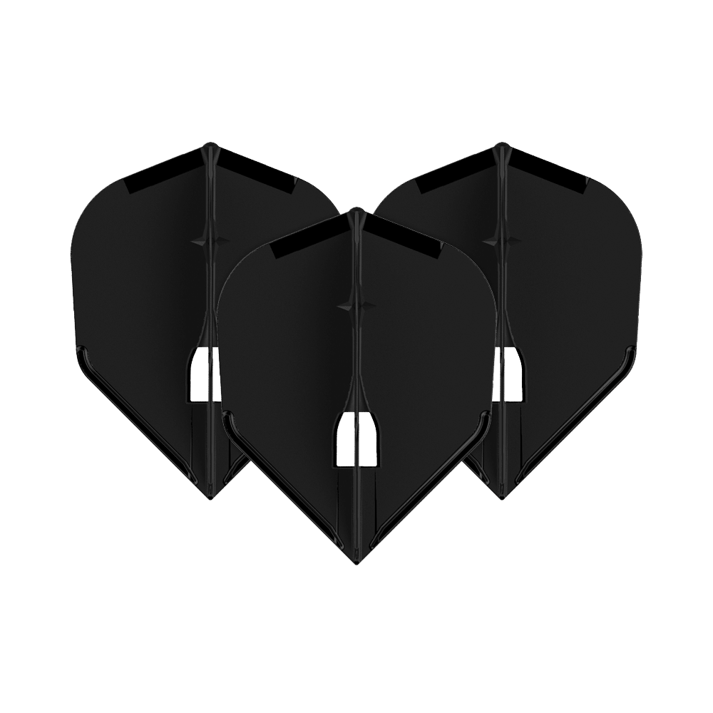 L-Style Flights Champagne - L3PRO Shape Auf dem Bild sind drei schwarze Dartflights zu sehen. Sie haben eine klassische, abgeflachte Form und stehen nebeneinander.