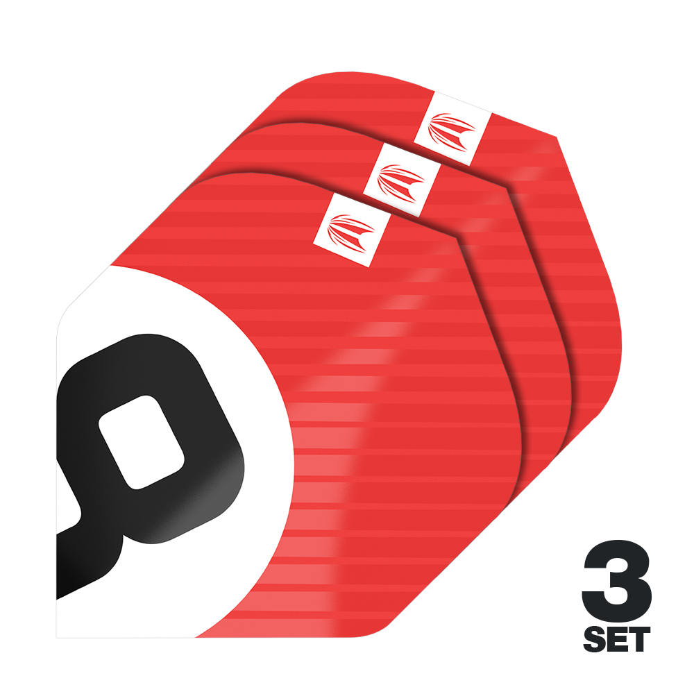 Target Pro Ultra Chicane Red No2 Standard Flights - 3 sets Das Bild zeigt drei Sätze der Target Pro Ultra Chicane Red No2 Standard Flights. Die Flights sind überwiegend rot mit einem weißen und schwarzen Design und werden als 3er-Set angeboten.