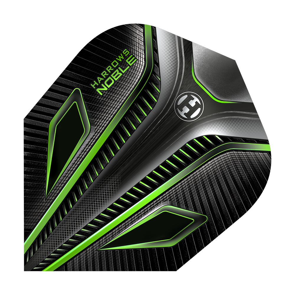 HR8_Harrows_Noble_Green_Standard_Flights_1NHftIOS72ZYpN Dies ist ein Harrows Noble Green Standard Flight für Dartpfeile. Das Design ist schwarz mit auffälligen grünen Akzenten und modernen Mustern.