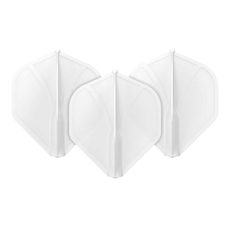 Shot Airfoil Molded No2 Standard Flights Auf dem Bild sind drei klare, weiße Dart-Flights zu sehen. Sie sind nebeneinander aufgestellt und haben eine klassische, rautenähnliche Form.