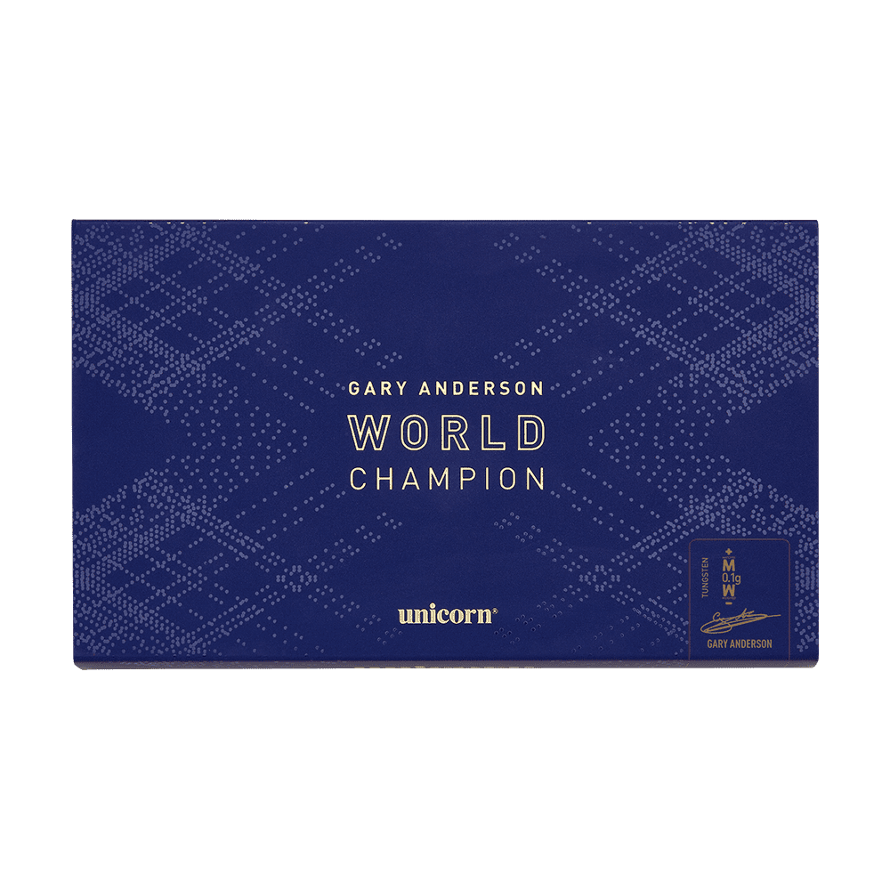 04504_Unicorn_World_Champion_Gary_Anderson_Phase_6_Softdarts_3b Die Verpackung zeigt die "Unicorn Phase 6 World Champion Gary Anderson Softdarts". Das Design ist in Dunkelblau mit weißen Punkten und goldener Schrift gehalten.
