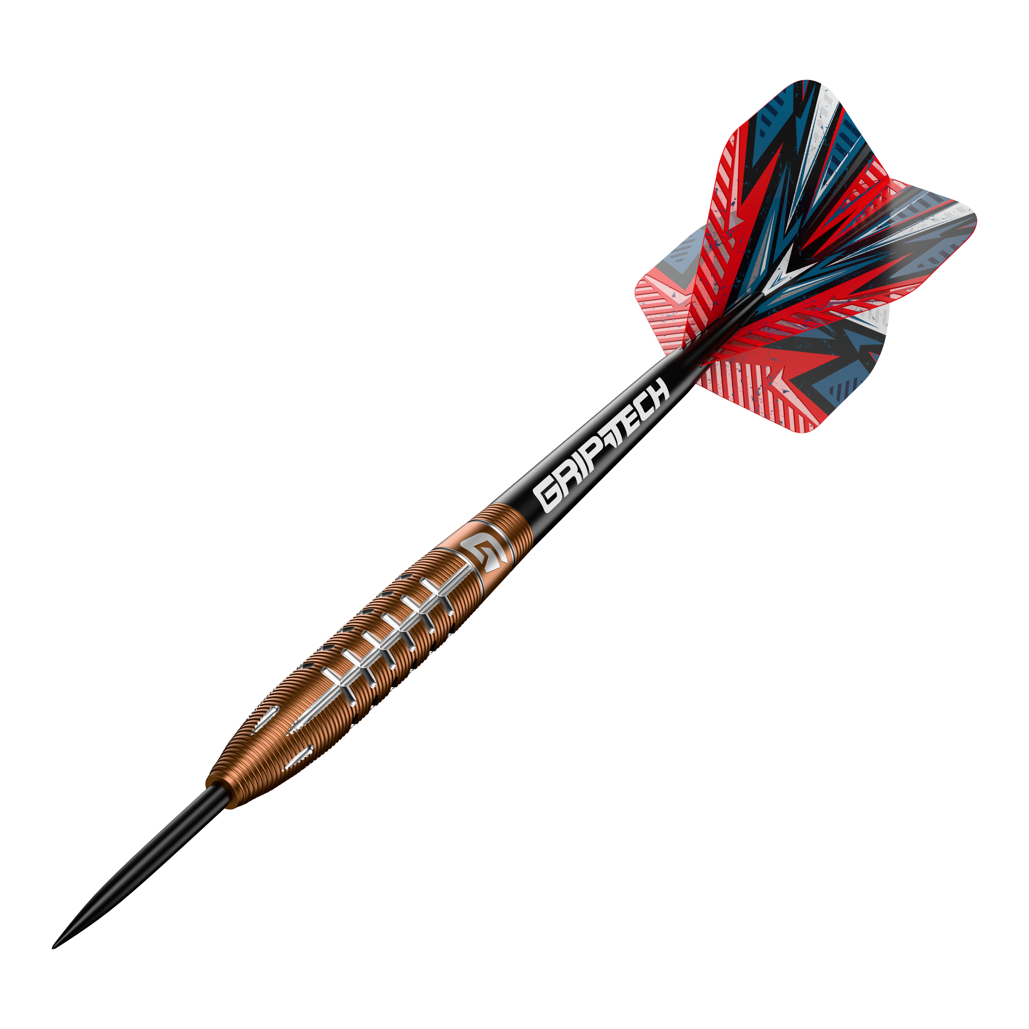 GOAT Quarterback V2 Tungsten Steel Darts - 24g Das Bild zeigt einen Steeldart namens "GOAT Quarterback V2 Tungsten" mit einem Gewicht von 24 Gramm. Der Dart hat ein auffälliges Design mit roten, schwarzen und silbernen Akzenten sowie dem Schriftzug "GRIPTECH" auf dem Schaft.