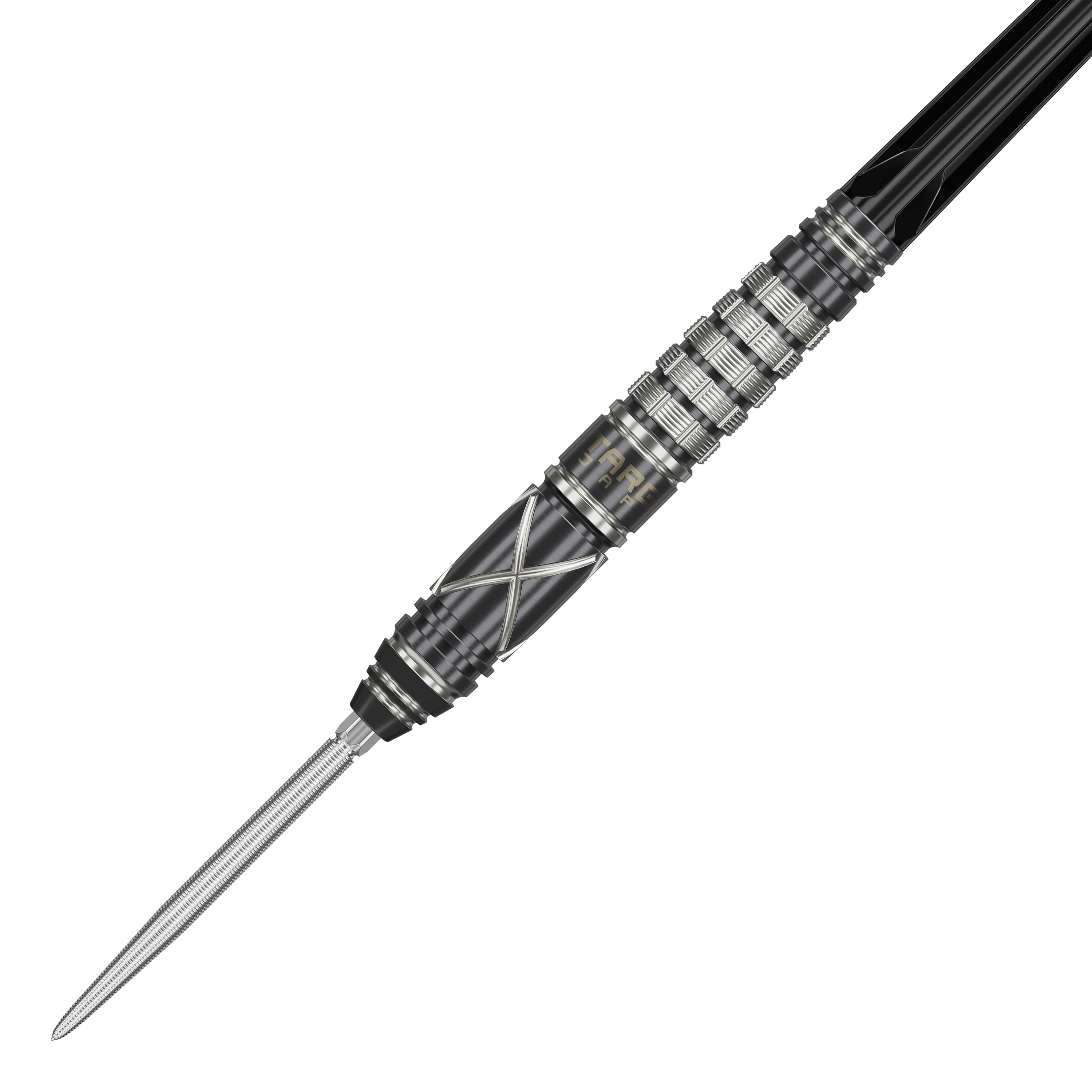 Target Japan Black Marque Chaos 2 SP steel darts Das Bild zeigt den Target Japan Black Marque Chaos 2 SP Steeldart. Der Dart hat ein elegantes, schwarzes Design mit silbernen Akzenten und feinen Rillen für besseren Halt.