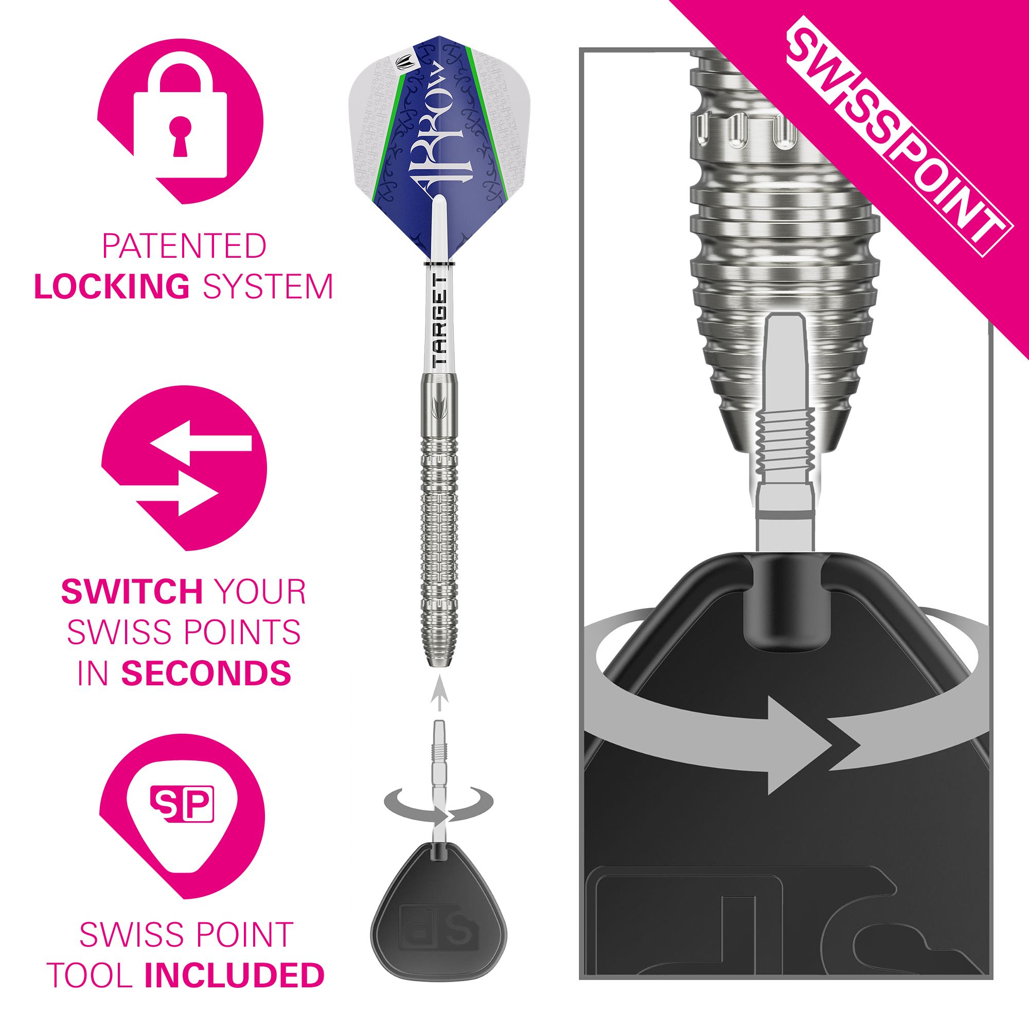 Target Shane McGuirk GEN1 Swiss Point Steel Darts - 23g Das Bild zeigt den Target Shane McGuirk GEN1 Swiss Point Steeldart mit einem innovativen Wechselsystem. Mit dem enthaltenen Werkzeug lassen sich die Swiss Points in wenigen Sekunden austauschen.