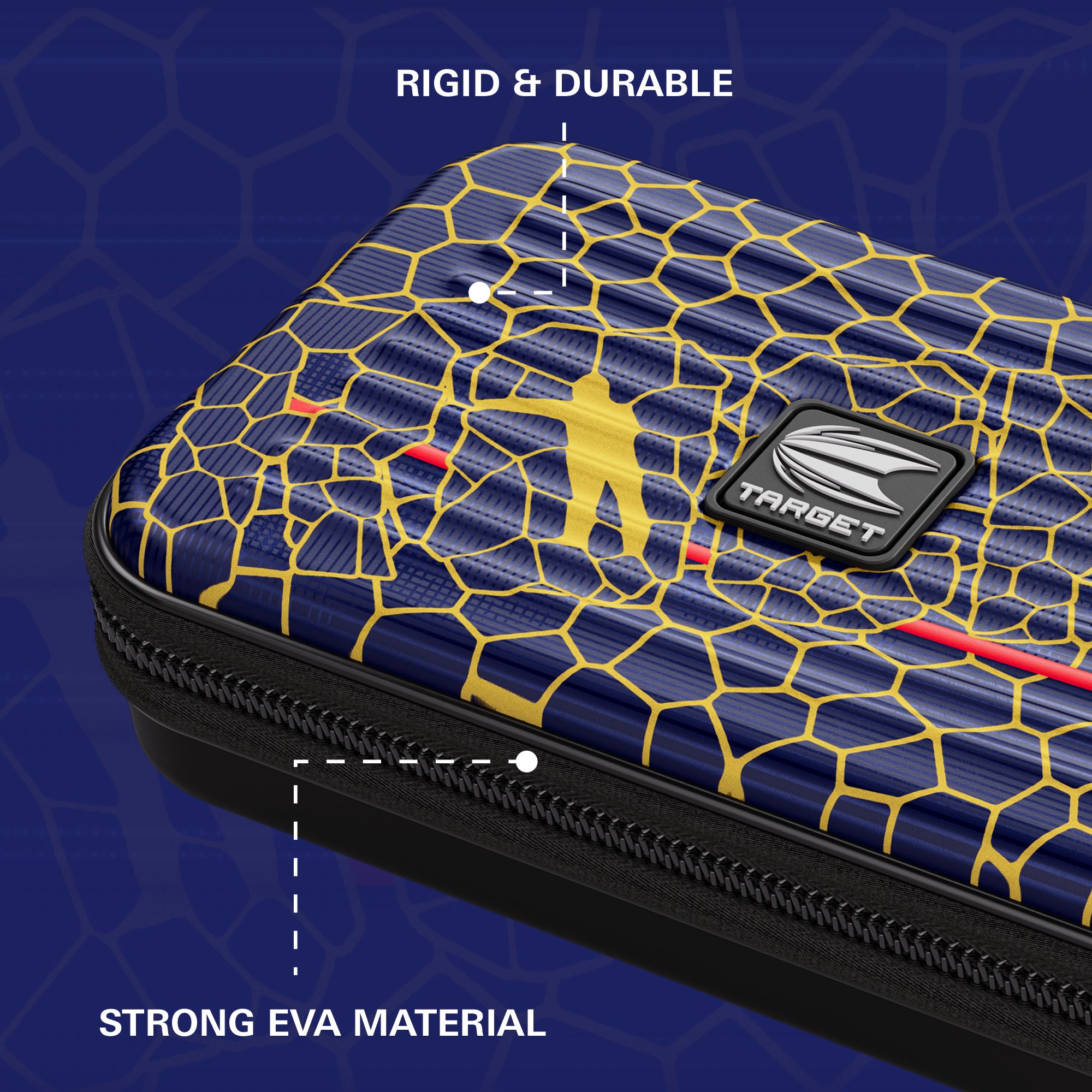 Target Takoma Josh Rock XL dart case Das Bild zeigt das Target Takoma Josh Rock XL Dartcase mit einem blauen und gelben Wabendesign. Es wird auf die robuste und langlebige Struktur sowie das starke EVA-Material hingewiesen.