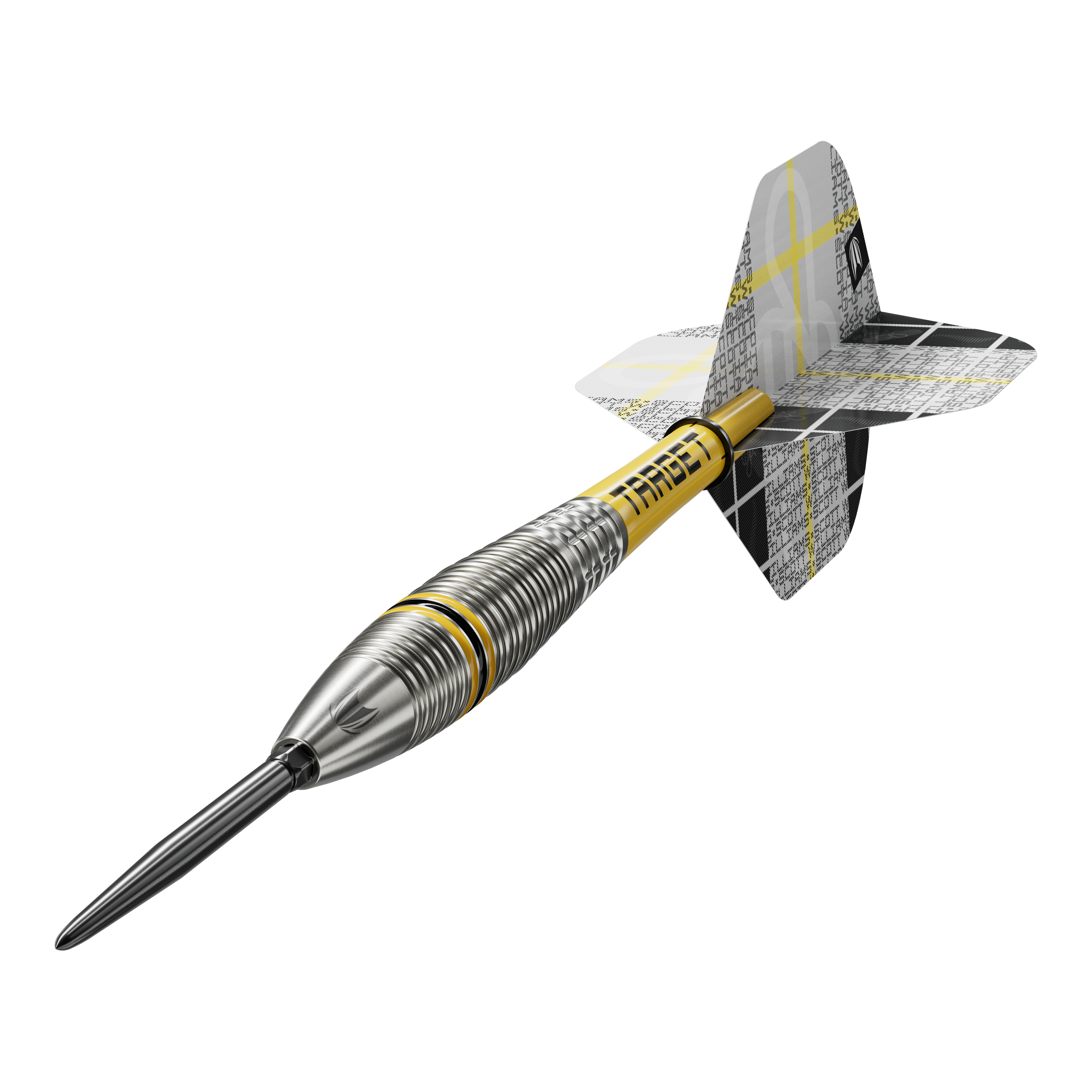 Target Scott Williams GEN2 Swiss Point steel darts Auf dem Bild ist ein Target Scott Williams GEN2 Swiss Point Steeldart zu sehen. Der Dartpfeil hat ein silbernes, geriffeltes Barrel und gelbe Akzente sowie moderne Flights.