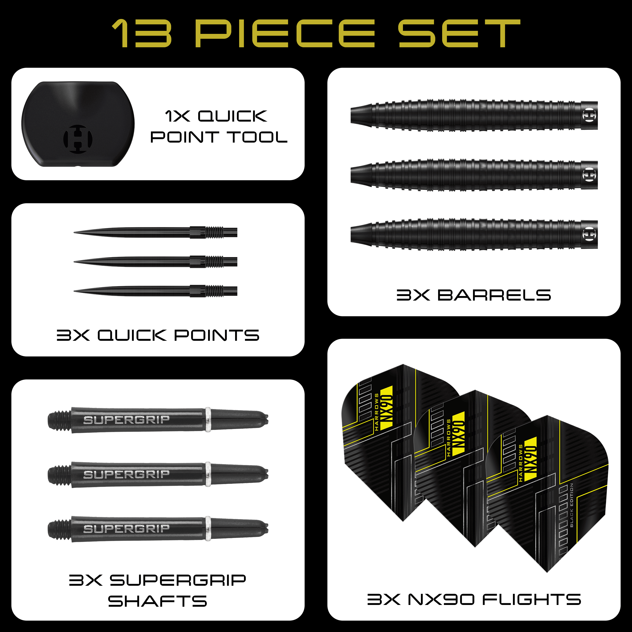 Harrows NX90 Black Edition Tapered Quick Point Steel Darts Hier zu sehen sind die Harrows NX90 Black Edition Tapered Quick Point Steeldarts. Die Darts sind schmal zulaufend und haben eine schwarze Oberfläche.