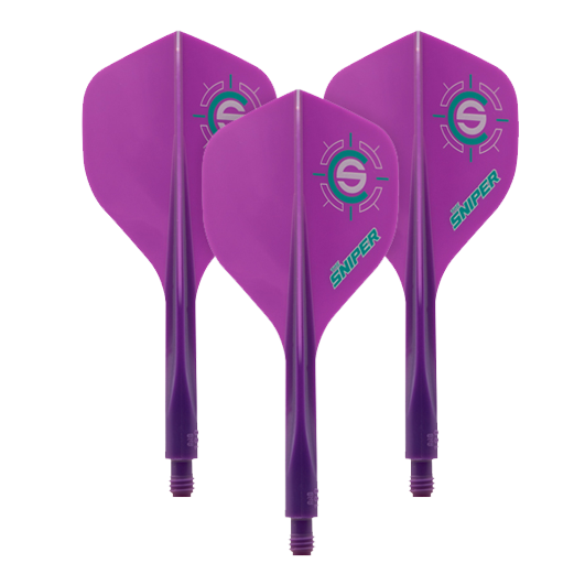 Condor Ax 120 Connor Scutt Sniper Purple Flight System - Standard Das Bild zeigt drei lila Dartflights mit dem Aufdruck "Sniper" und einem Zielsymbol. Es handelt sich um das Produkt "Condor Axe 120 Connor Scutt Sniper Purple Flight-System - Standard".