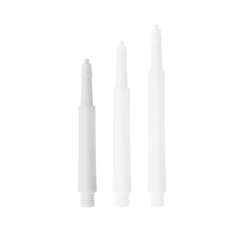 HRC12619W_Harrows_Clic_Standard_Shafts_Weiss_37mm_1IVvaOVGthdRLr Auf dem Bild sind drei weiße Harrows Clic Standard Shafts in unterschiedlichen Längen zu sehen. Sie sind gerade ausgerichtet und heben sich deutlich vom Hintergrund ab.