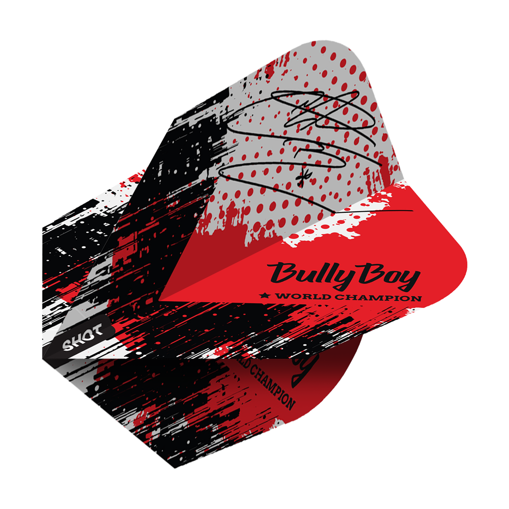 Shot Michael Smith Bully Boy Game Day No6 Flights Das Bild zeigt die "Shot Michael Smith Bully Boy Game Day No6 Flights" mit einem rot-schwarzen Design und Unterschrift. Auf dem Flight steht "Bully Boy World Champion" und das Shot-Logo ist sichtbar.
