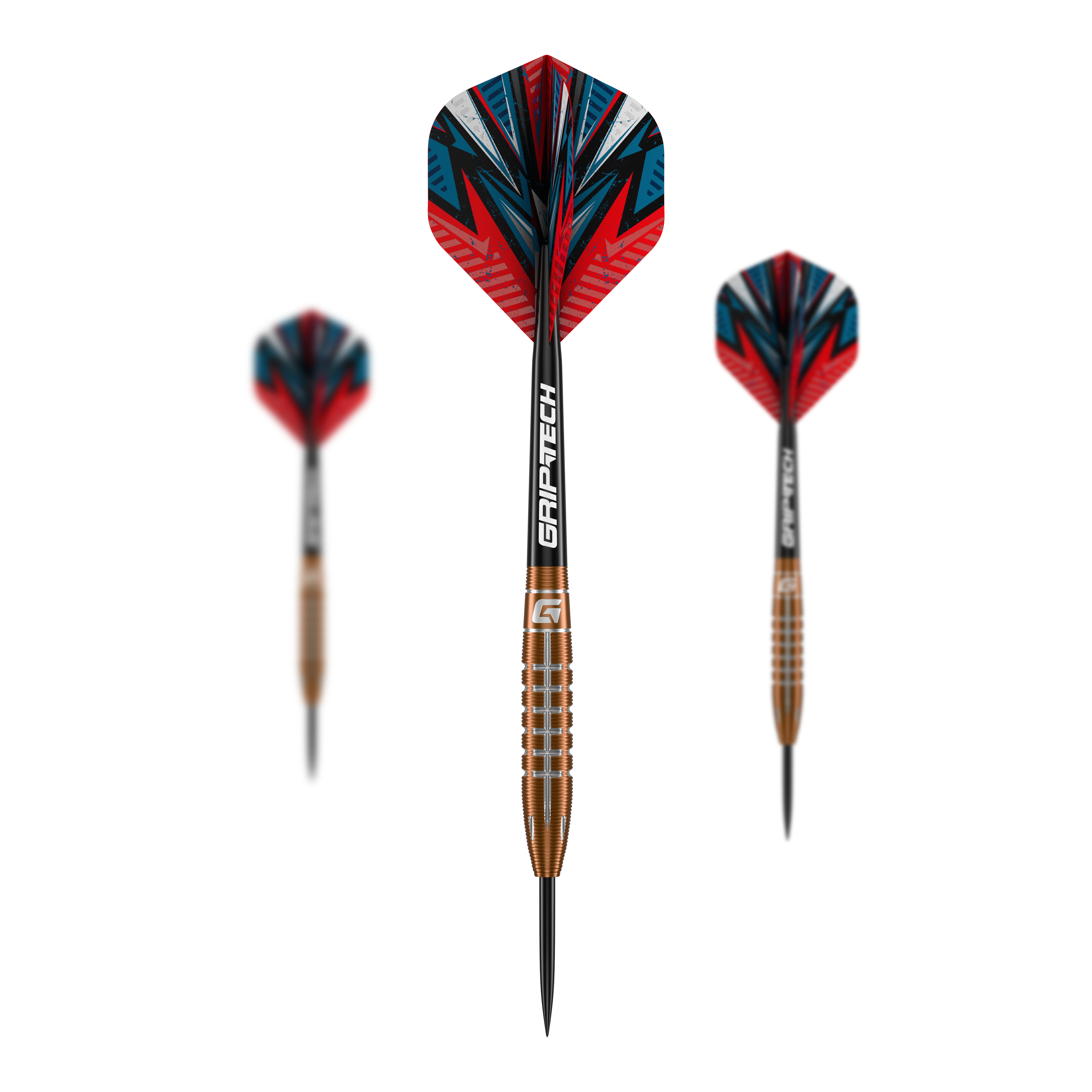 GOAT Quarterback V2 Tungsten Steel Darts - 24g Das Bild zeigt drei GOAT Quarterback V2 Tungsten Steeldarts mit einem Gewicht von 24g. Die Darts haben ein auffälliges, rot-blaues Design und sind mit GRIP-TECH-Schäften ausgestattet.