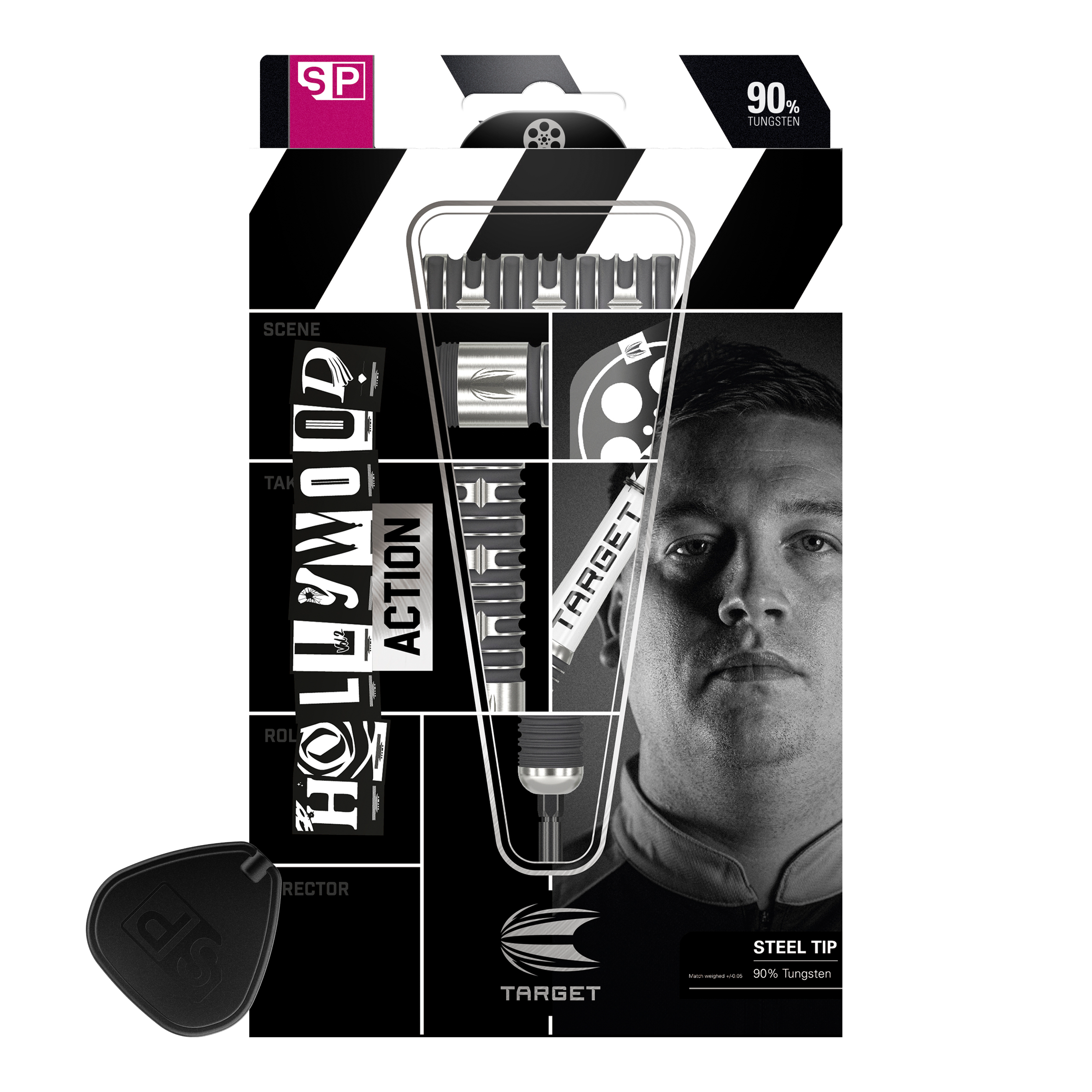 Target Chris Dobey Hollywood Action Swiss Point Steeldarts Die Abbildung zeigt die Verpackung der "Target Chris Dobey Hollywood Action Swiss Point Steeldarts". Auf der Verpackung sind die Darts, der Produktname und ein Porträt einer Person zu sehen.