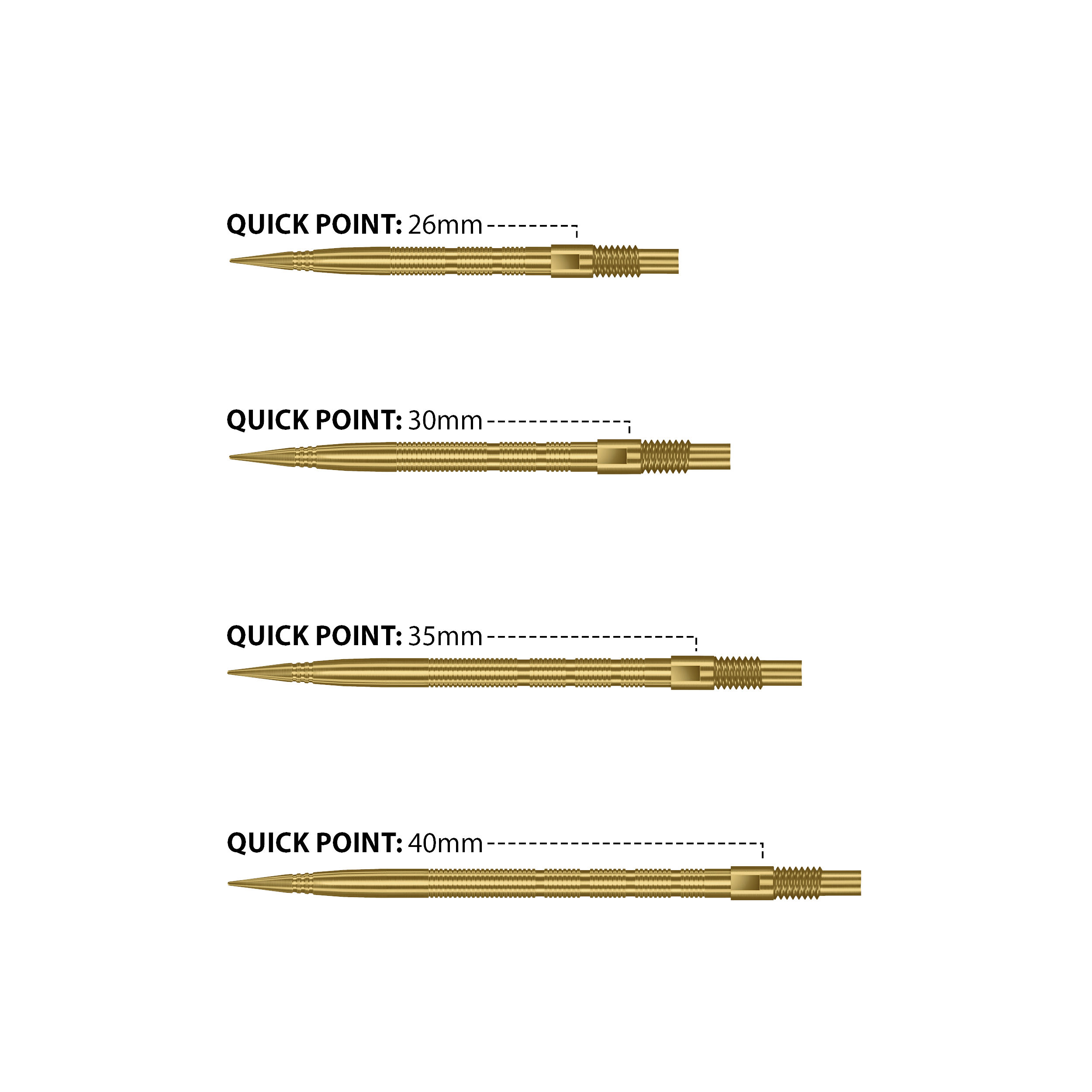 Harrows Quick Point Micro Ridge Dart Tips - Gold Das Bild zeigt Harrows Quick Point Micro Ridge Dartspitzen in Gold. Die goldene Farbe verleiht ihnen ein auffälliges Aussehen.