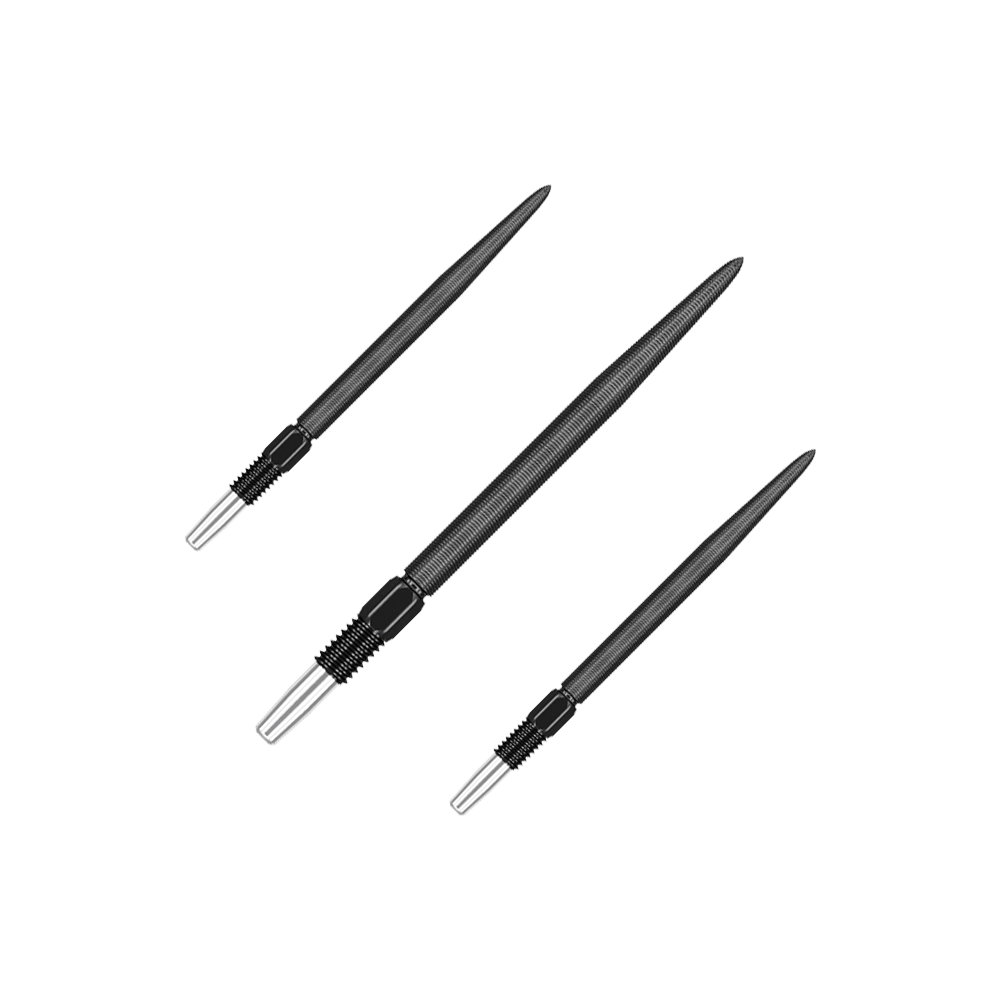 Auf dem Bild sind drei schwarze Dartspitzen abgebildet. Sie sind lang und haben am Ende ein silbernes Gewinde.