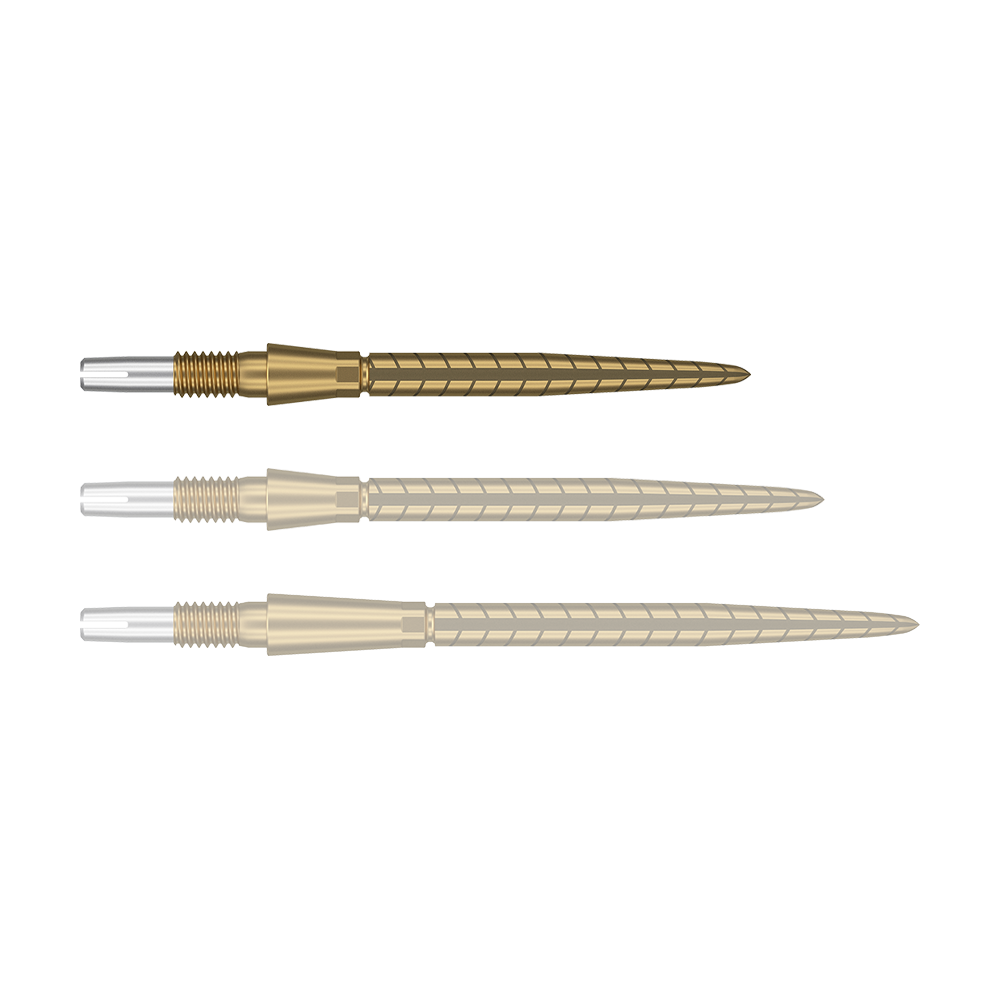 Target Swiss Storm Quartz Dart Tips - Gold Auf dem Bild sind drei goldene Dartspitzen in einer Reihe zu sehen. Sie haben ein spiralförmiges Muster und am hinteren Ende einen silbernen Abschnitt.