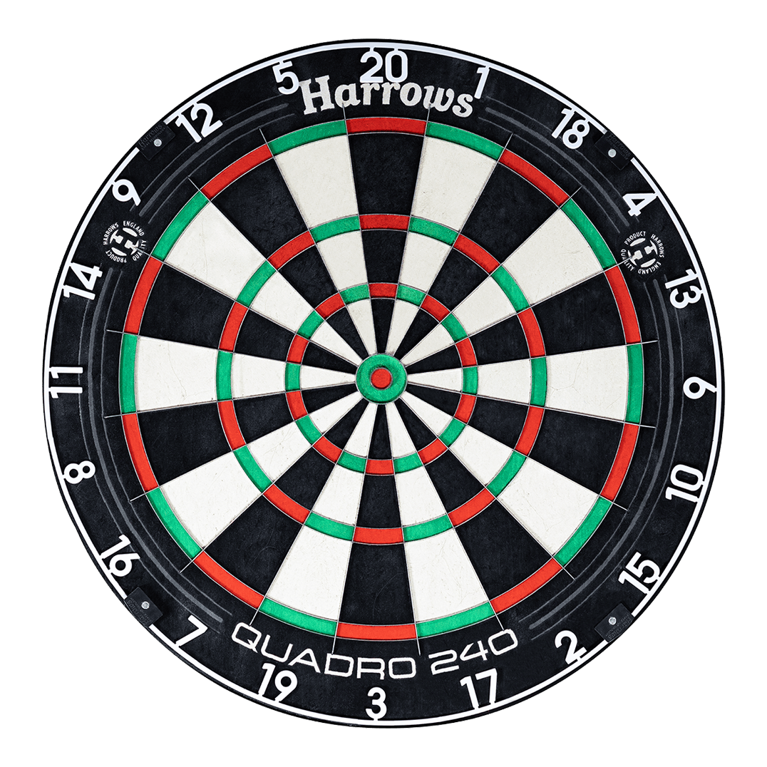 Harrows Quadro 240 steel dartboard Harrows Quadro 240 Steeldartboard ist auf dem Bild zu sehen. Die Segmente und Zahlen sind klar abgebildet.