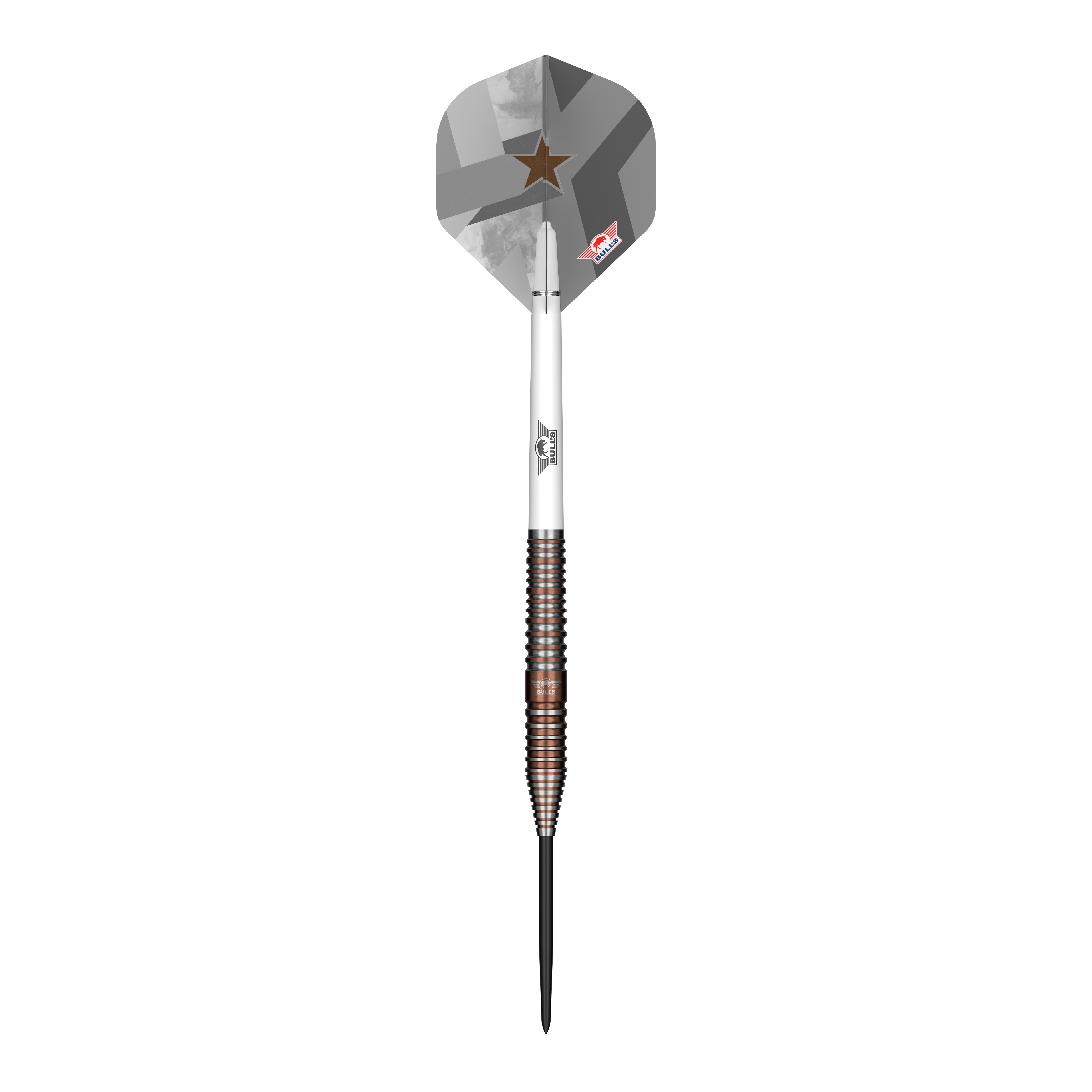 Abgebildet ist der Bulls NL Max Hopp E5 Steeldarts. Der Dartpfeil hat ein modernes Design und eignet sich für Steeldart-Spieler.