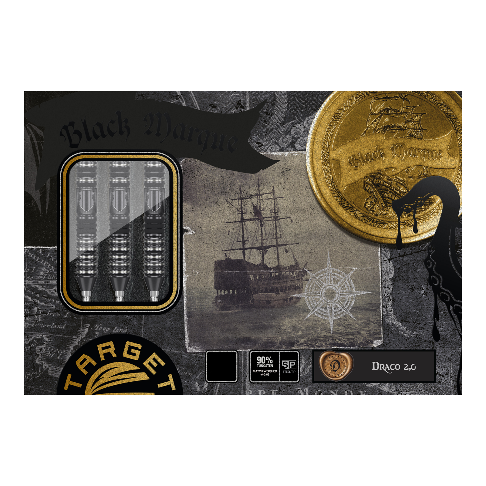 Target Japan Black Marque Draco GEN2 steel darts Das Bild zeigt die Verpackung der "Target Japan Black Marque Draco GEN2 Steeldarts". Auf der Verpackung sind die Darts, ein altes Segelschiff und ein goldener Münzmotiv zu sehen.