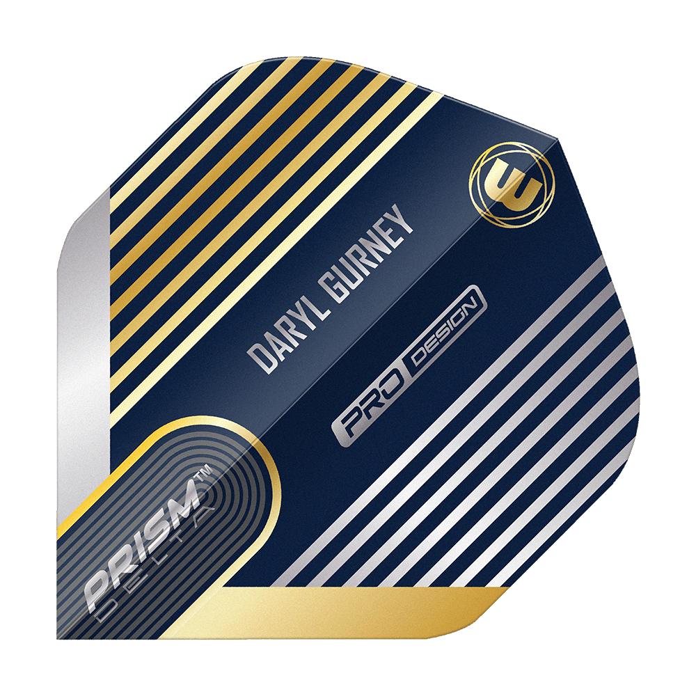 Winmau Prism Delta Daryl Gurney No2 Standard Flights Das Bild zeigt ein Winmau Prism Delta Daryl Gurney No2 Standard Dart Flight. Das Design ist überwiegend dunkelblau mit silbernen und goldenen Streifen und enthält den Namen "Daryl Gurney".