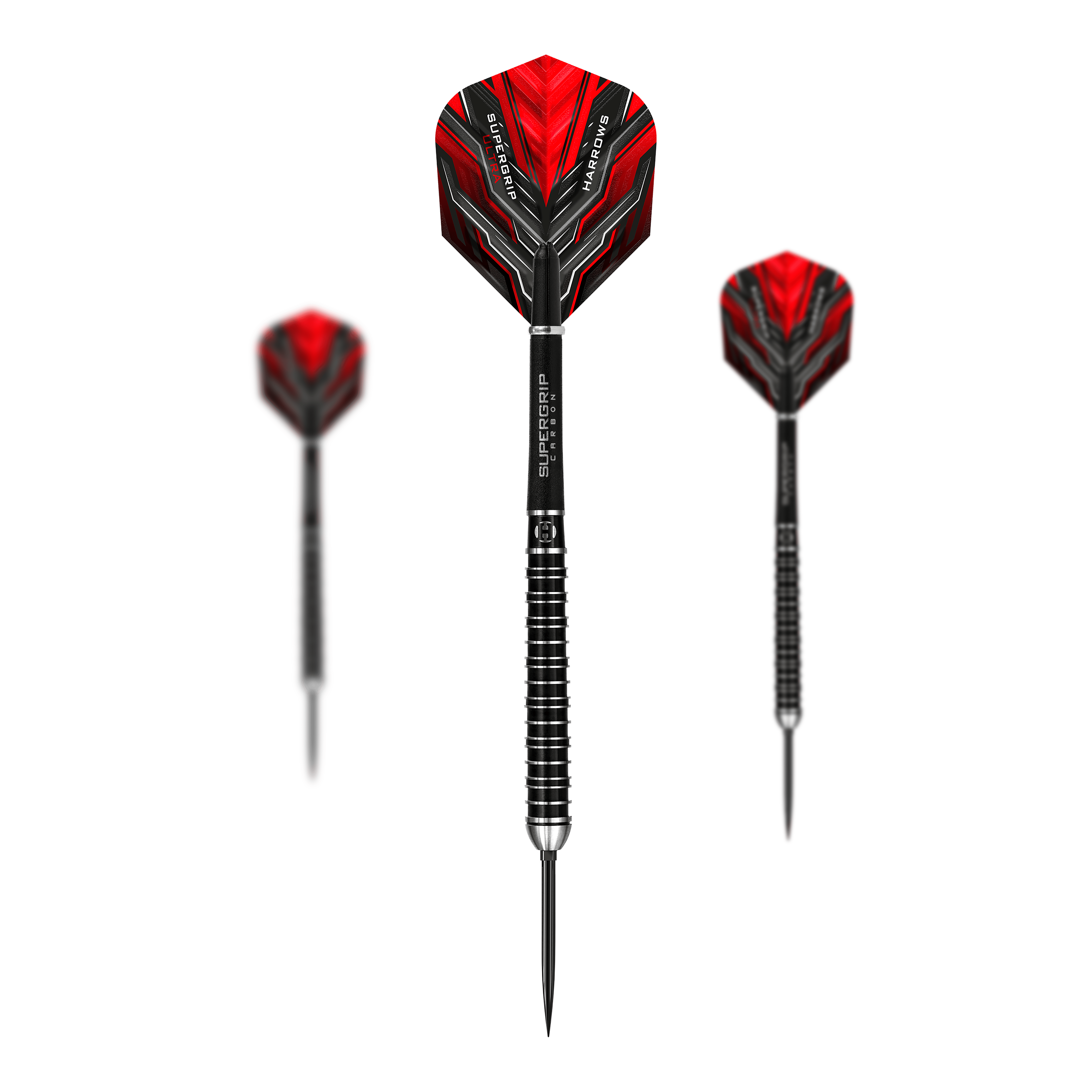 Harrows Supergrip Ultra Quick Point Steel Darts Das Bild zeigt das Harrows Supergrip Ultra Quick Point Steeldarts Set. Die einzelnen Darts werden nebeneinander angezeigt.