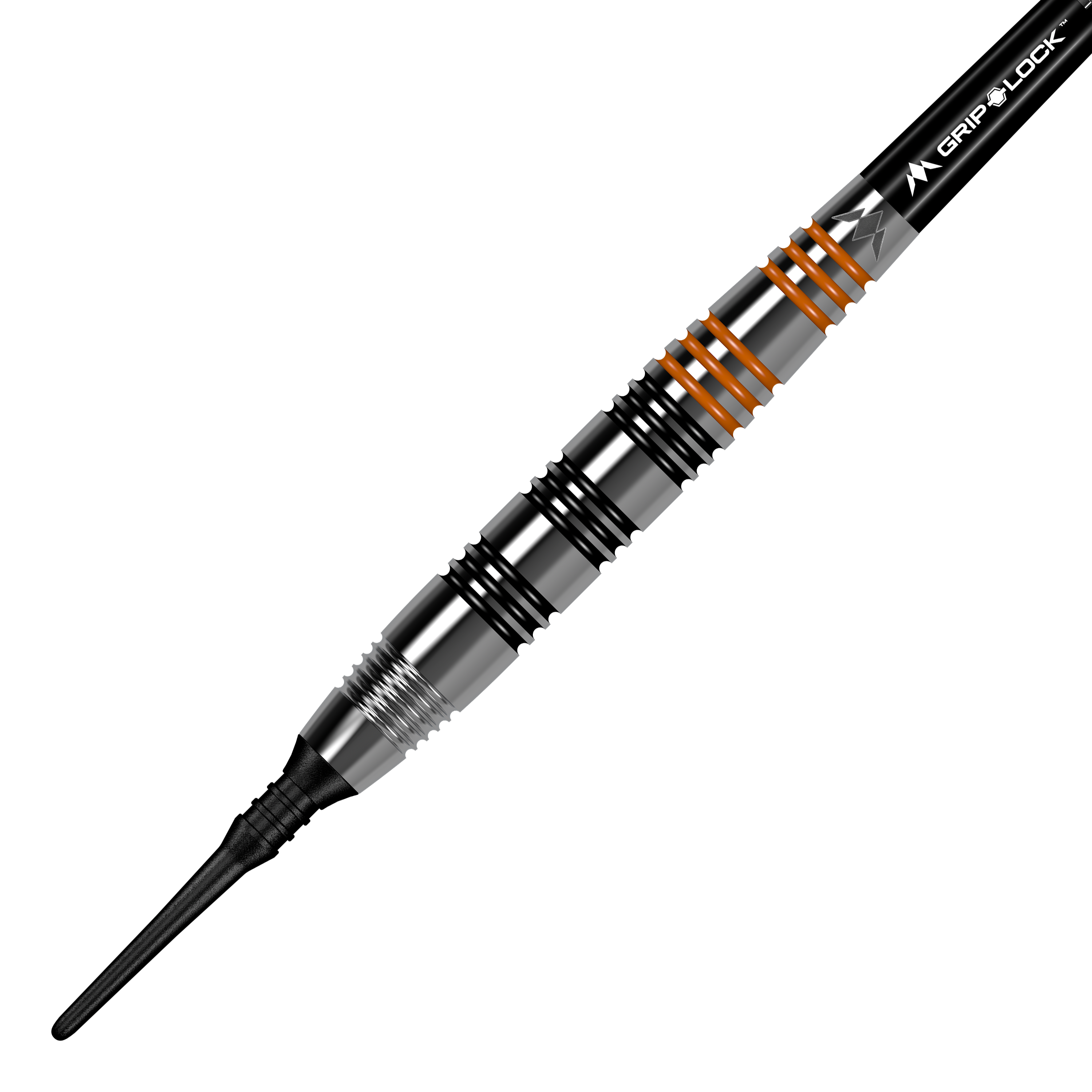 Mission Javan Brass Soft Darts - 18g Das Bild zeigt den "Mission Javan Brass Softdart" mit einem Gewicht von 18g. Der Dartpfeil ist silbern mit schwarzen und orangefarbenen Ringen am Griff.