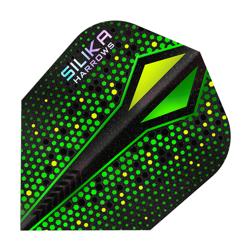 Das Bild zeigt ein Dart Flight mit dem Namen „Harrows Silika Colourshift Tough Crystalline Coating Green-X No6“. Es hat ein auffälliges Design mit grünen und gelben Hexagon-Mustern auf schwarzem Hintergrund.