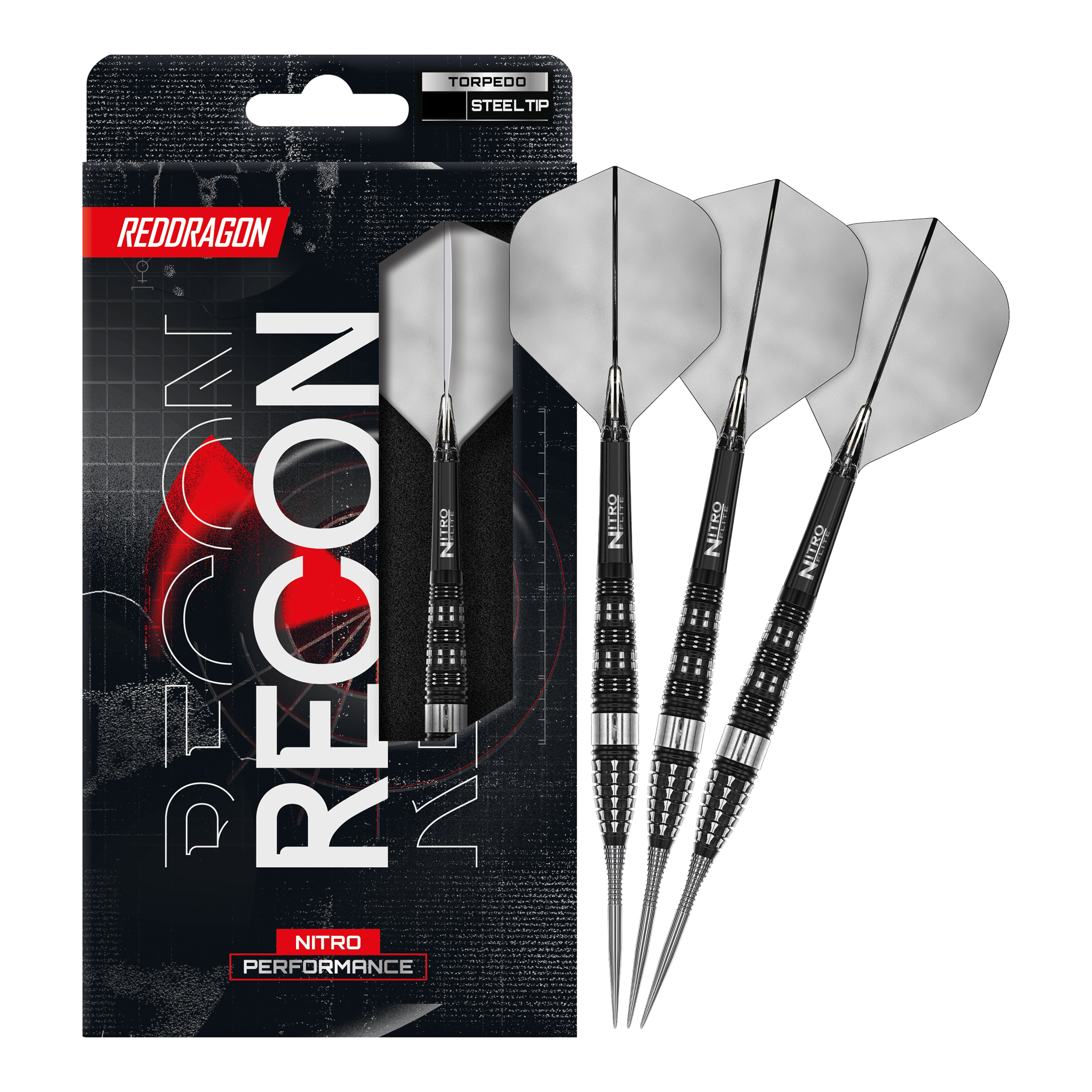 Red Dragon Recon Torpedo Steel Darts Auf dem Bild ist ein vollständiger Satz Red Dragon Recon Torpedo Steeldarts dargestellt. Diese Steeldarts sind speziell für präzises Spielen entwickelt.