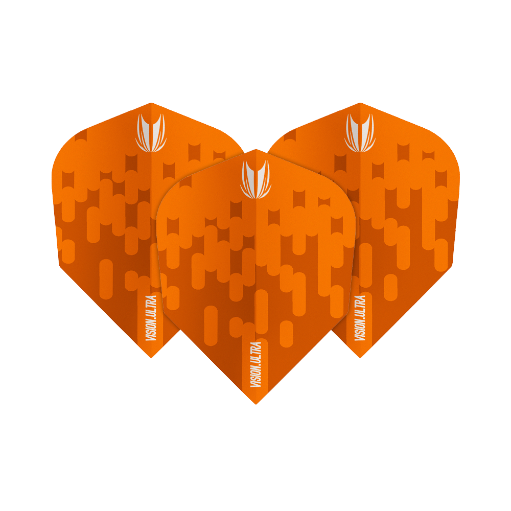 TG61_333810_Target_Vision_Ultra_Orange_Ten-X_Flights_1FJknTlmfgcNnL Das Bild zeigt drei orangefarbene Dartflights mit dem Namen "Target Vision Ultra Orange Ten-X Flights". Sie haben ein abstraktes Muster und ein weißes Logo oben.