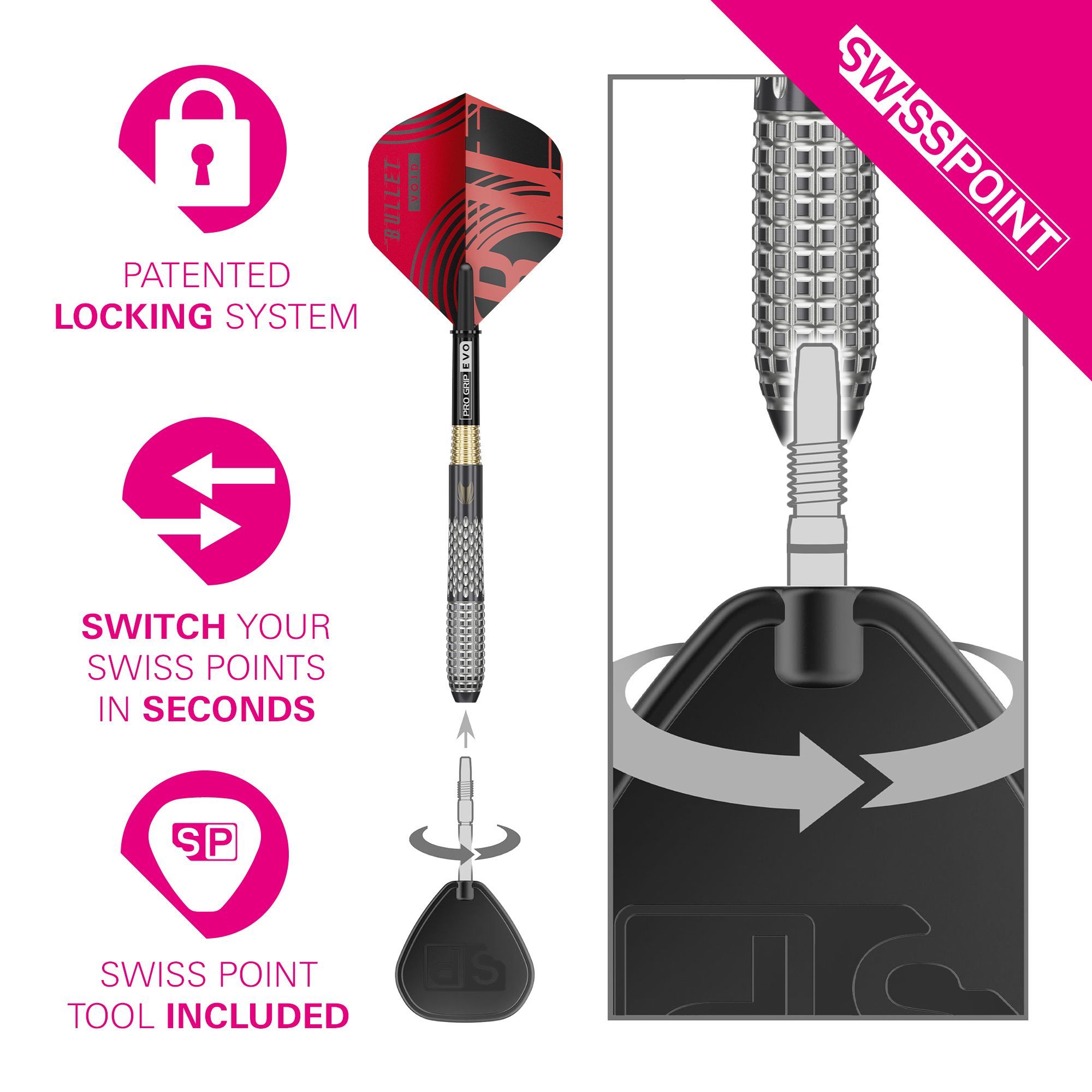 Target Stephen Bunting GEN5 Void Swiss Point Steel Darts Das Bild präsentiert die Target Stephen Bunting GEN5 Void Swiss Point Steeldarts. Diese Darts sind für Präzision und Leistung bekannt.