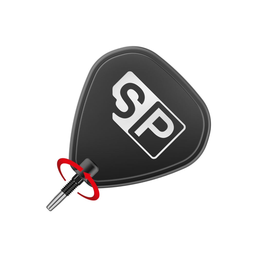 Target Swiss Firepoint Black dart tips Das Bild zeigt eine schwarze Dartspitze mit den weißen Buchstaben "SP" darauf. Ein roter Pfeil deutet auf eine Drehbewegung an der Verbindung der Spitze hin.