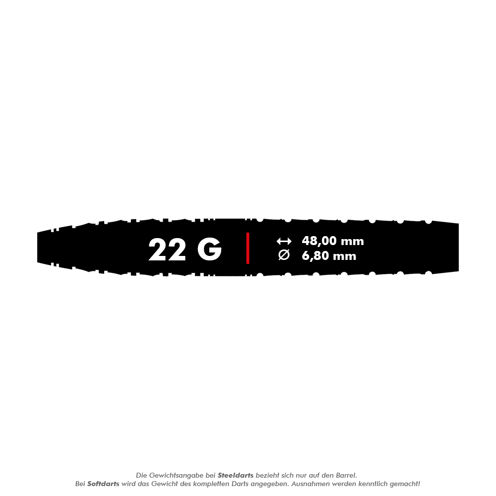 M001069_Mission_Xiaochen_Zong_Pandaman_Steeldarts_5_22g Das Bild zeigt die technischen Daten des Produkts "Mission Xiaochen Zong Pandaman Steeldarts - 22g". Der Dart wiegt 22 Gramm, ist 48,00 mm lang und hat einen Durchmesser von 6,80 mm.