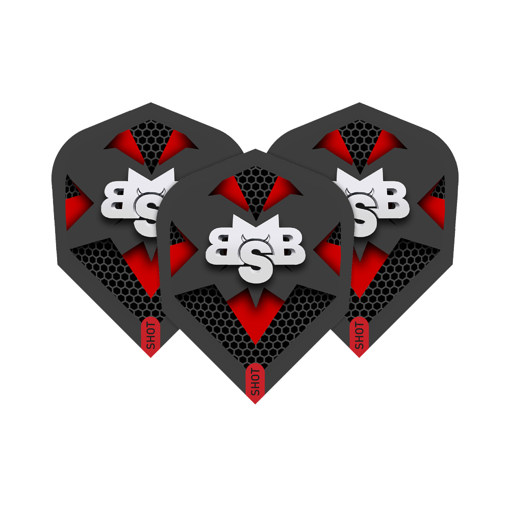 Shot Michael Smith Tenacious No6 Flights Das Bild zeigt drei Dart-Flights mit dem Aufdruck „BSB“ und einem modernen, schwarzen und roten Design. Am unteren Rand der Flights steht das Wort „SHOT“.