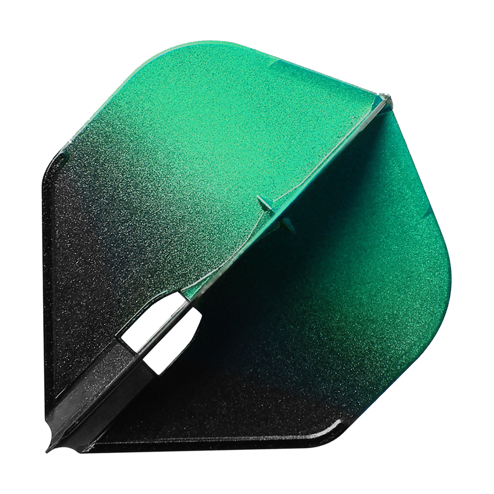 Das Bild zeigt eine Dart-Flight in zwei Farben: Grün und Schwarz. Die Oberfläche hat einen schimmernden, glitzernden Effekt.