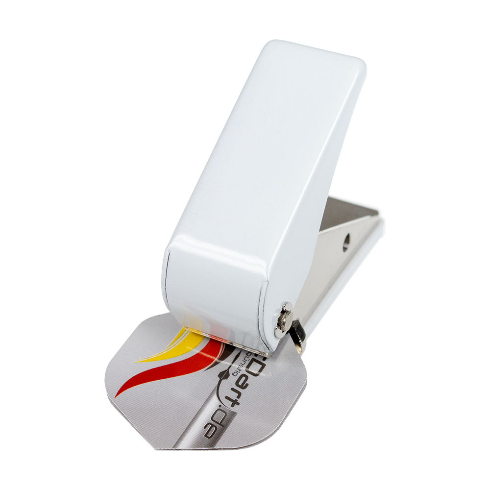 630-Flight-Locher-630-3 Das Bild zeigt den Flight Locher 630, einen kleinen Handlocher. Er hat ein kompaktes weißes Gehäuse und wird zum Stanzen von Karten oder Papier verwendet.