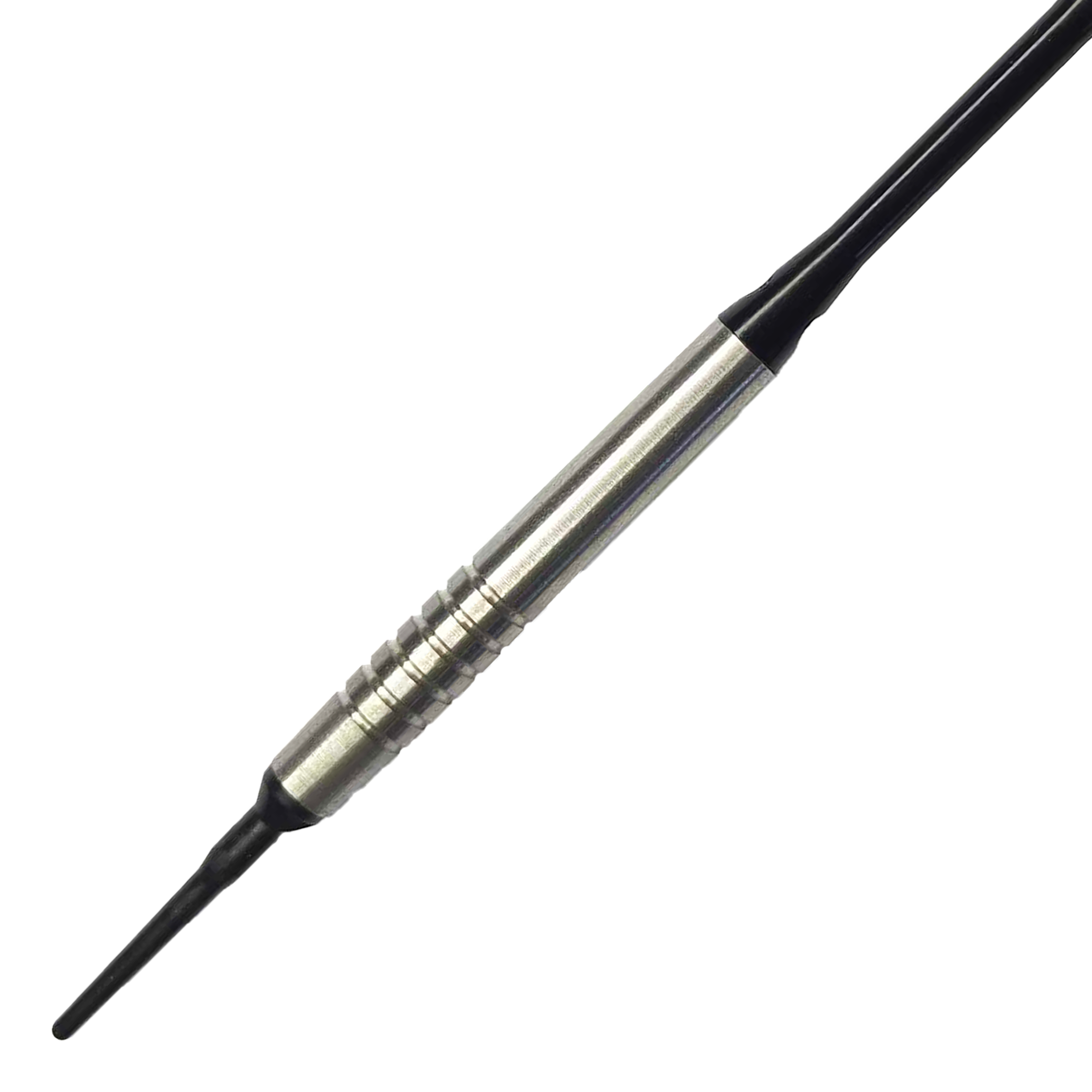 McDart 85 Tungsten V14 Soft Darts - 17g Auf dem Bild ist ein McDart 85er Tungsten V14 Softdart mit einem Gewicht von 17 Gramm zu sehen. Der Dartpfeil hat einen silbernen, gerillten Schaft und schwarze Spitzen.