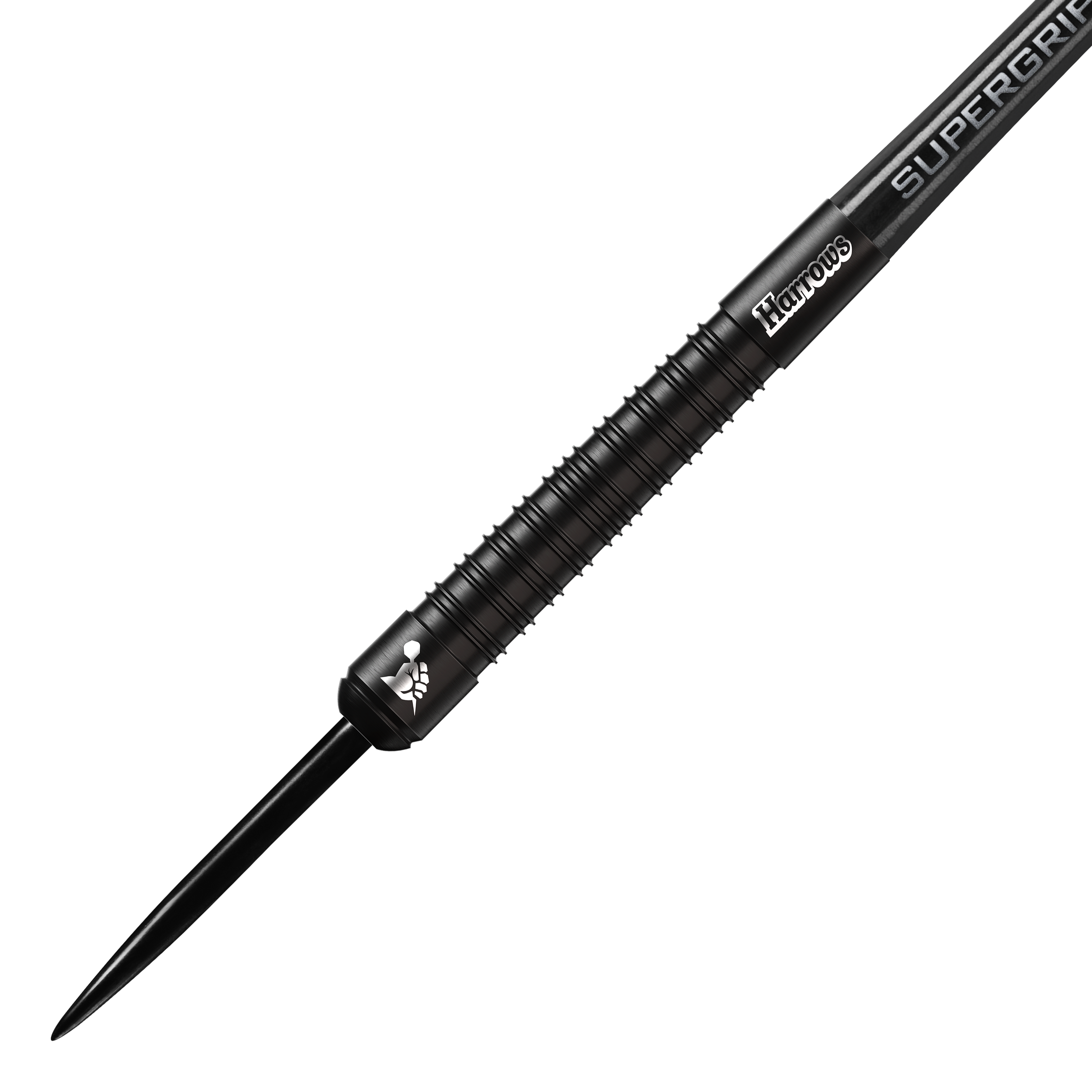 Harrows Supergrip Black Edition steel darts Das Bild zeigt einen schwarzen Steeldart der Marke Harrows aus der Supergrip Black-Edition. Der Dart hat ein geriffeltes Griffstück und ein elegantes, komplett schwarzes Design.