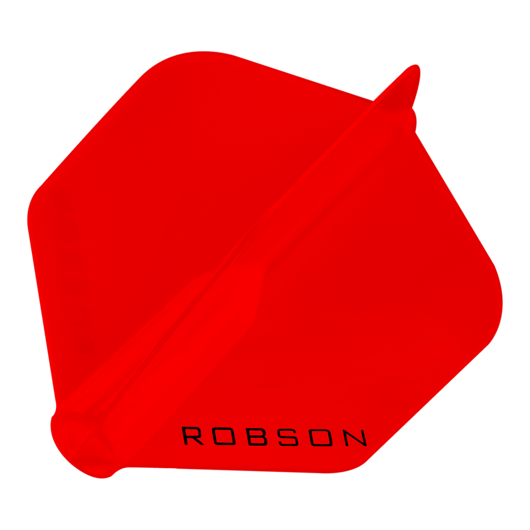 Das Bild zeigt ein rotes Dart-Flight mit der Aufschrift "ROBSON". Die Form ist sechseckig und das Flight ist vollständig in Rot gehalten.