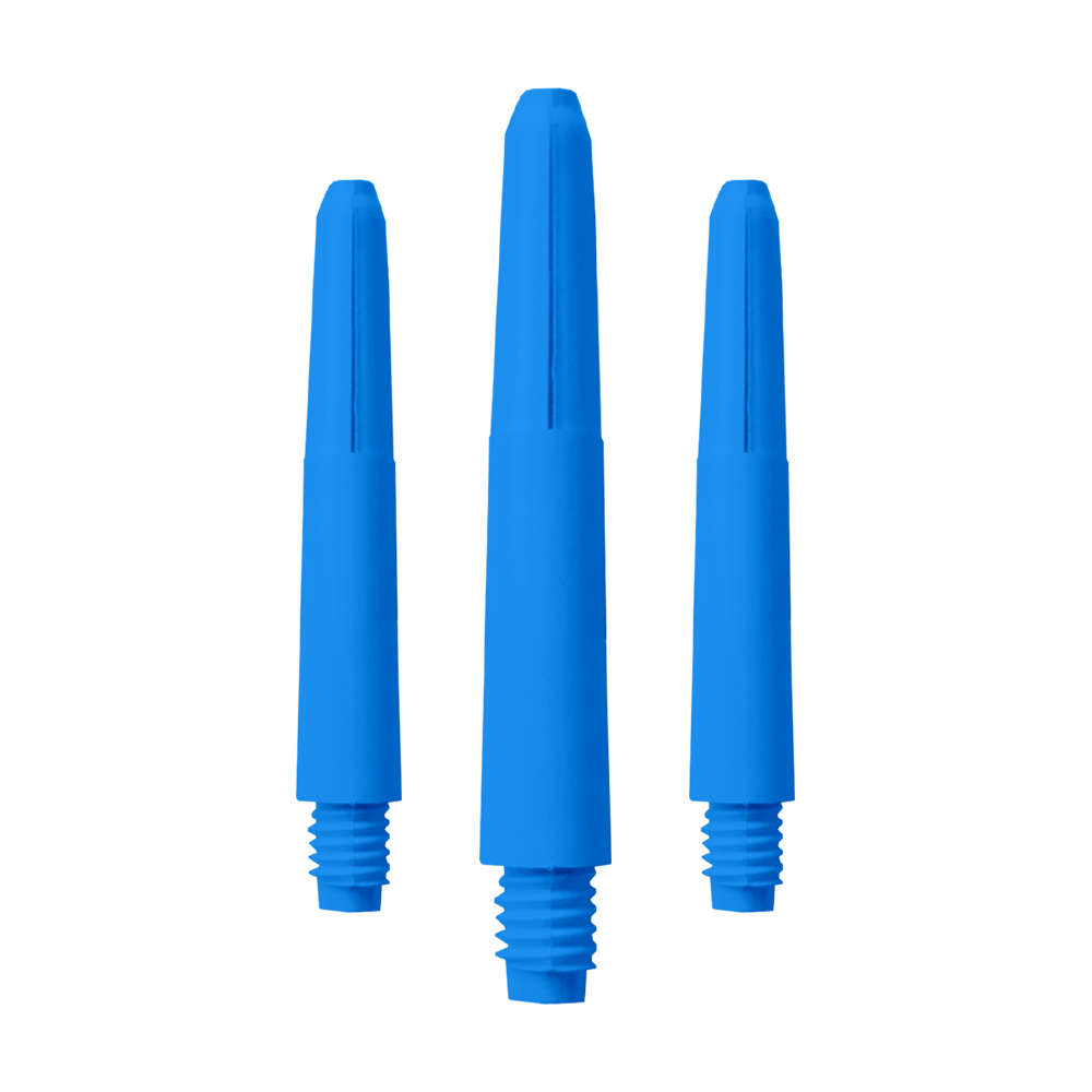 Das Bild zeigt drei blaue Nylon Shafts. Sie sind in einer Reihe angeordnet und haben Gewinde an einem Ende.