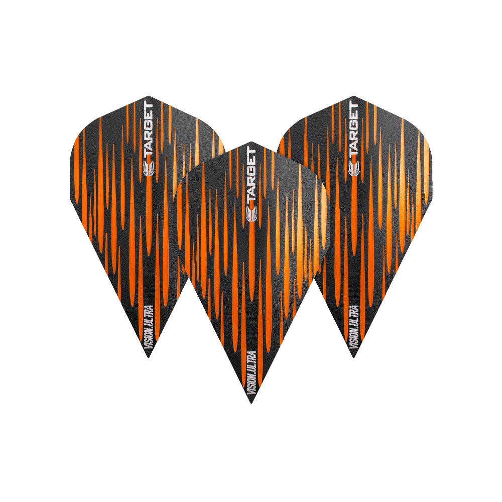 TG72_332380_Target_Vision_Ultra_Spectrum_Orange_Vapor_Flights_1p7OPDfgfpRuXC Das Bild zeigt drei Dart-Flights des Produkts „Target Vision Ultra Spectrum Orange Vapor Flights“. Sie sind schwarz mit orangefarbenen Streifen und haben den Schriftzug „TARGET“ sowie „VISION ULTRA“ aufgedruckt.