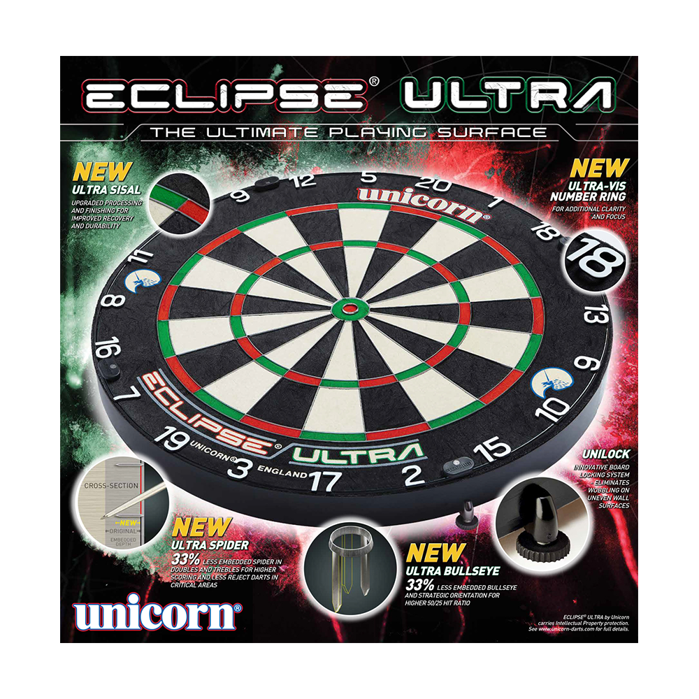 Unicorn Eclipse Ultra steel dartboard Das Bild zeigt das Produkt "Unicorn Eclipse Ultra Steeldartboard" in seiner Verpackung. Es hebt neue Features wie Ultra Sisal, Ultra Spider und Ultra Bullseye hervor.