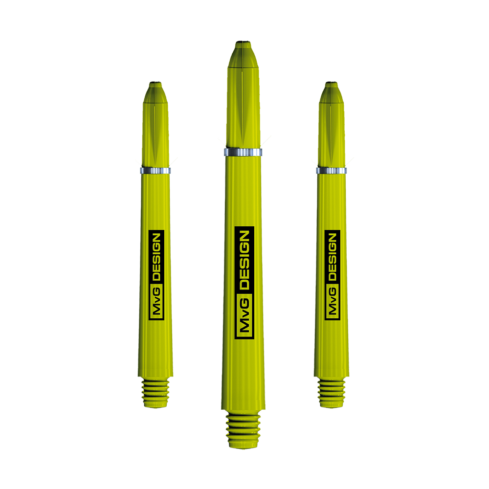 7100_Winmau_Nylon_Ring_Grip_MvG_Design_Shafts_46mm_1 Das Bild zeigt drei gelbe Winmau Nylon Ring Grip MvG Design Shafts. Auf jedem Schaft steht der Schriftzug "MvG DESIGN" vertikal.