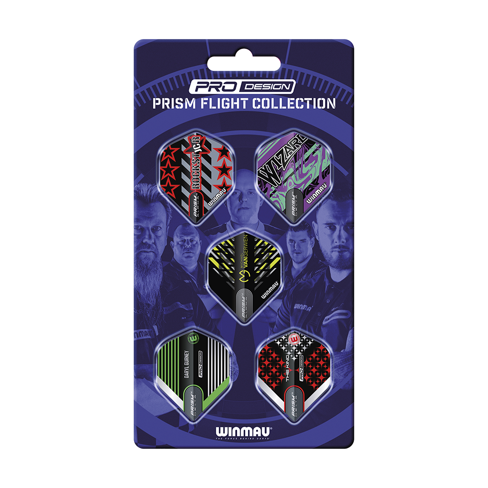 8140_Winmau_Players_Pro_Design_Prism_Flight_Collection_1 Das Bild zeigt die "Winmau Players Pro Design Prism Flights Collection". Auf der Verpackung sind fünf verschiedenfarbige Dart-Flights in einem ansprechenden Design zu sehen.