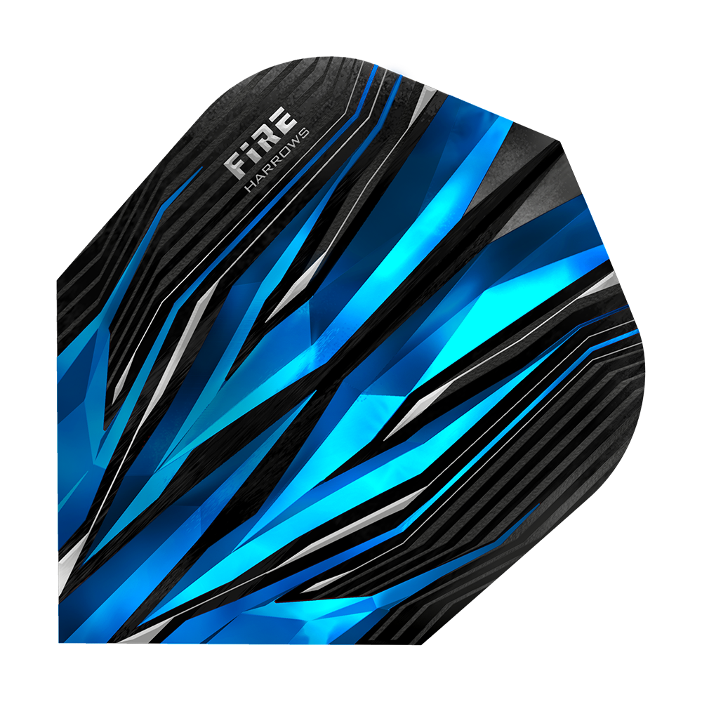 HR4_Harrows_Fire_Blue_Standard_Flights_1miIk3bTtHxhto Dies ist ein Harrows Fire Blue Standard Flight mit einem auffälligen, blauen und schwarzen Design. Die Oberfläche zeigt dynamische, geometrische Muster und den Schriftzug "FIRE HARROWS".
