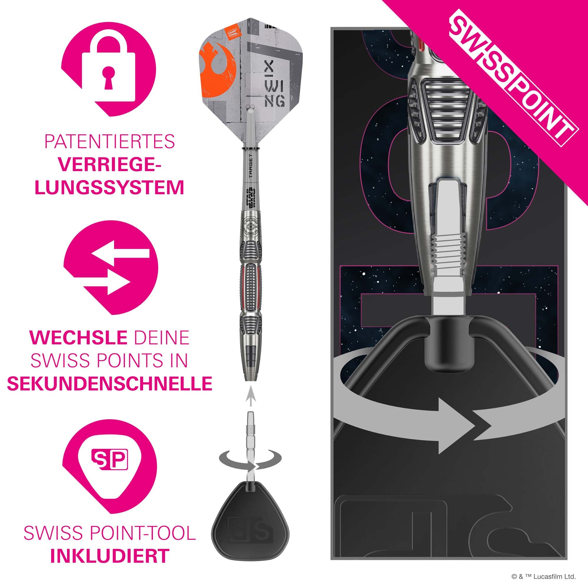 Target Star Wars X-Wing Swiss Point Steel Darts Target Star Wars X-Wing Swiss Point Steeldarts sind abgebildet. Das Produkt ist inspiriert von Star Wars und in einem speziellen Design gestaltet.