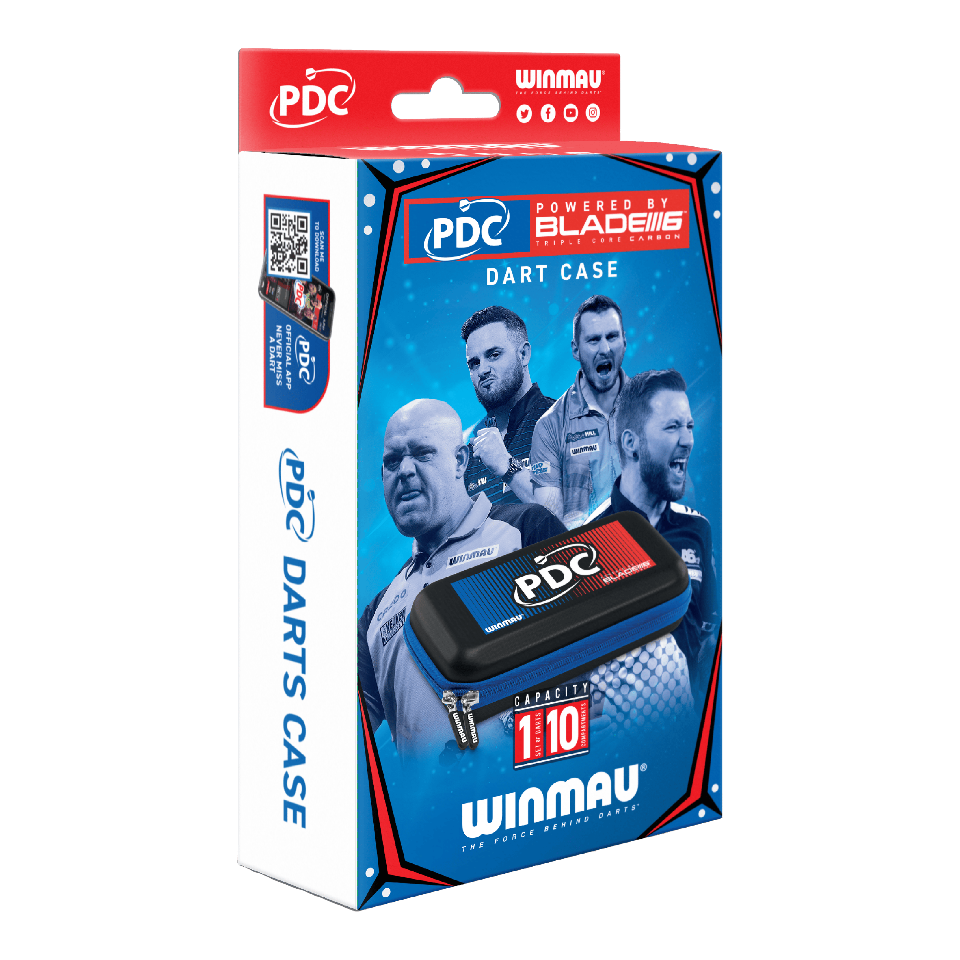 Winmau PDC Dartcase Die Abbildung zeigt die Verpackung des Winmau PDC Dartcase. Auf der Box sind Bilder von Dartspielern sowie das Etui und die Markenlogos zu sehen.